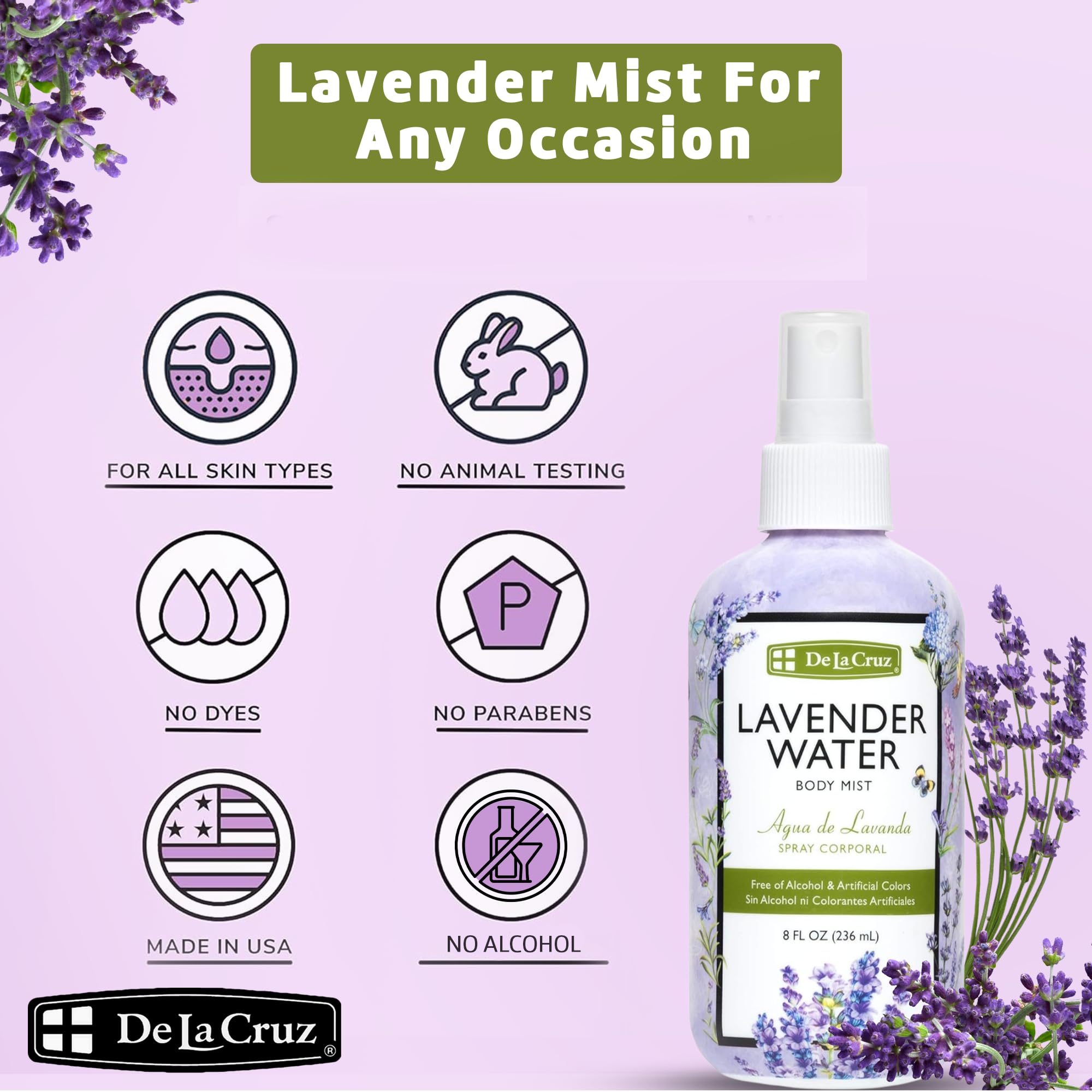 Lavender Water Body Mist - Spray de lavanda con aceite esencial de lavanda puro, 8 onzas líquidas (8.0 fl oz) 2