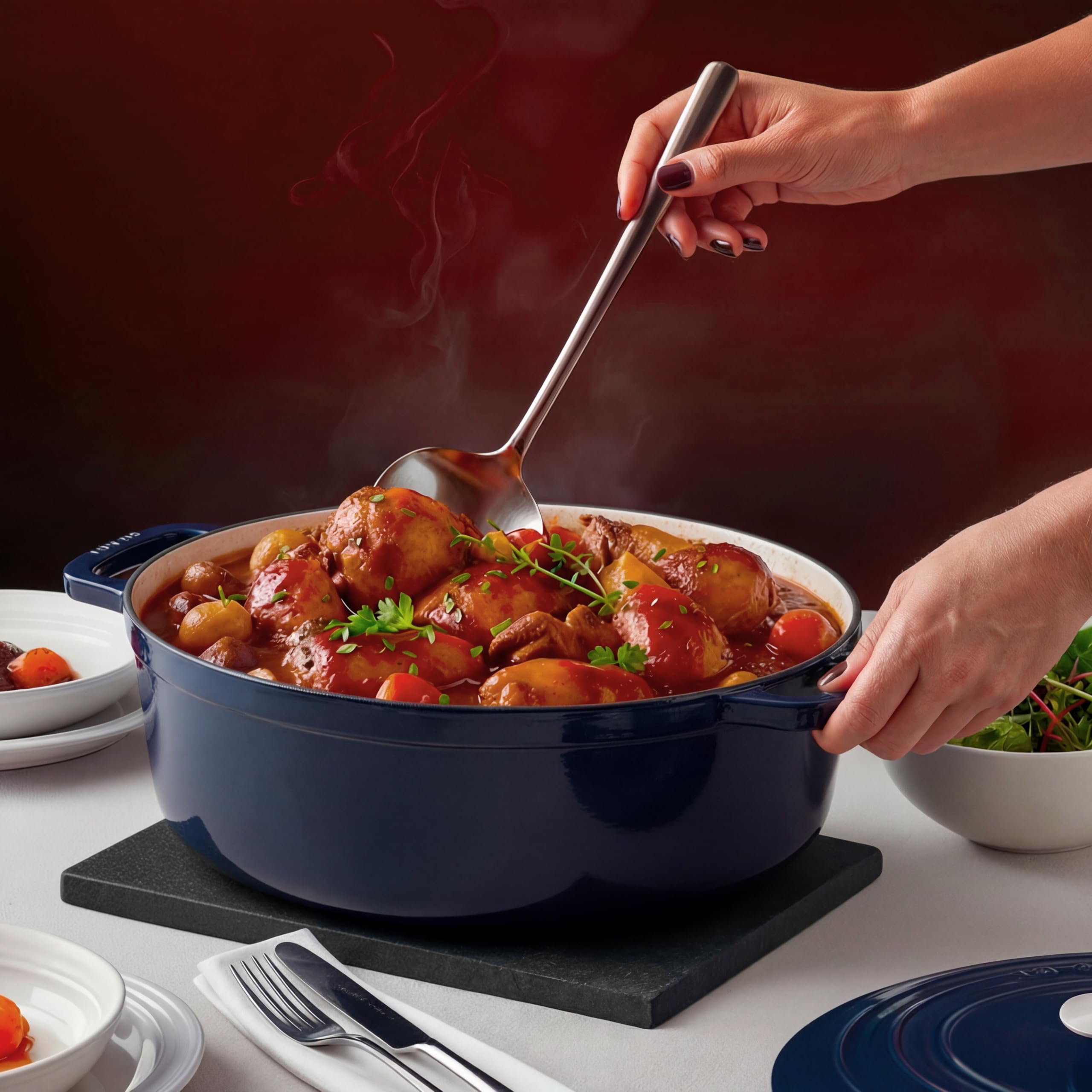 Cocotte Ronde en Fonte Émaillée 36 cm ALMA36, Capacité 7,7 L, Bleu Marine, Compatible Tous Feux, Induction, Gaz, Électrique, Grill, Four, Couvercle Fonte, Idéale pour Mijoter et Rôtir