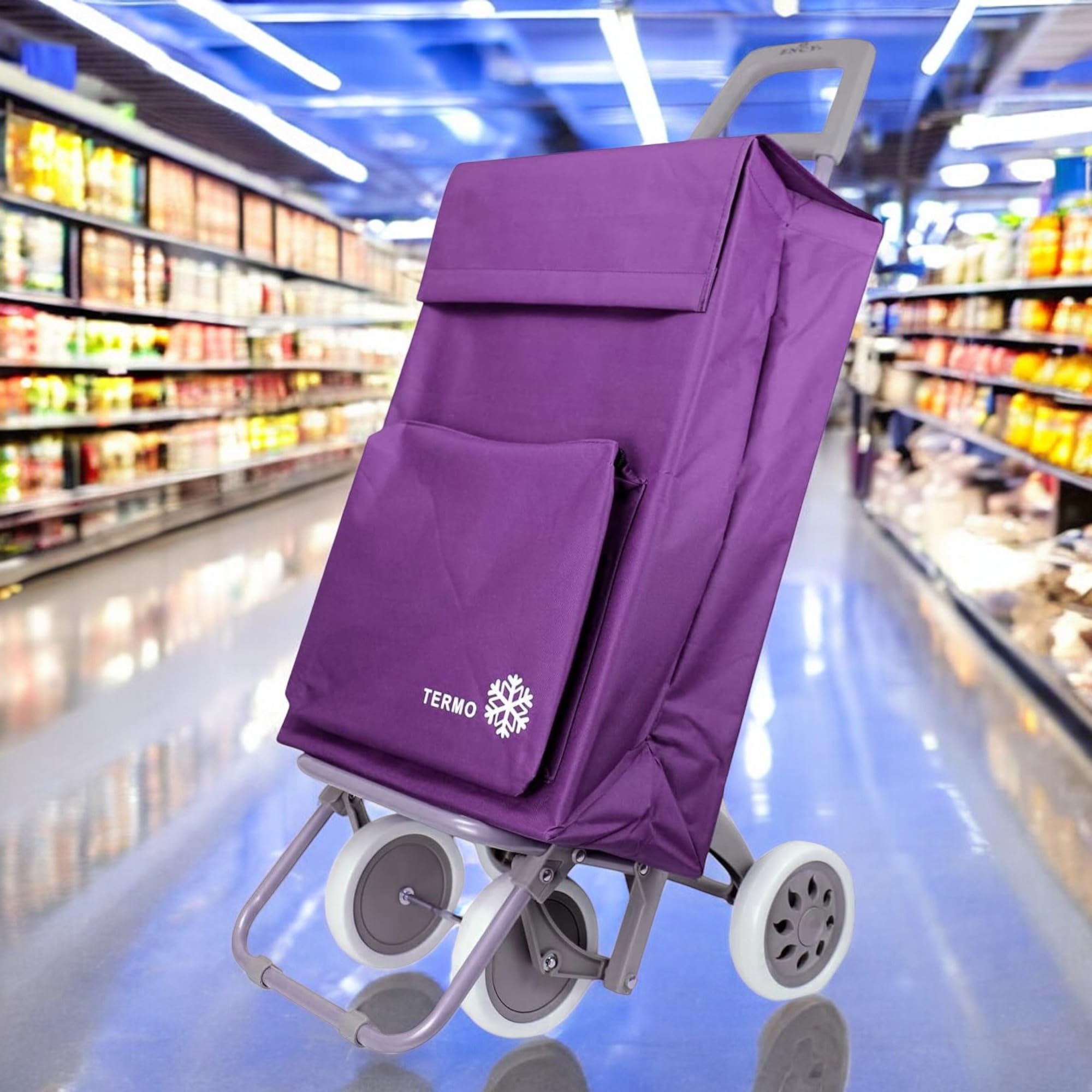 Carro de la Compra Plegable con Bolsa Térmica 4 Ruedas para Subir Escaleras, Carrito del Mercado, Bolsa Impermeable isotérmica de 46L litros. Porta Paraguas. (Morado)