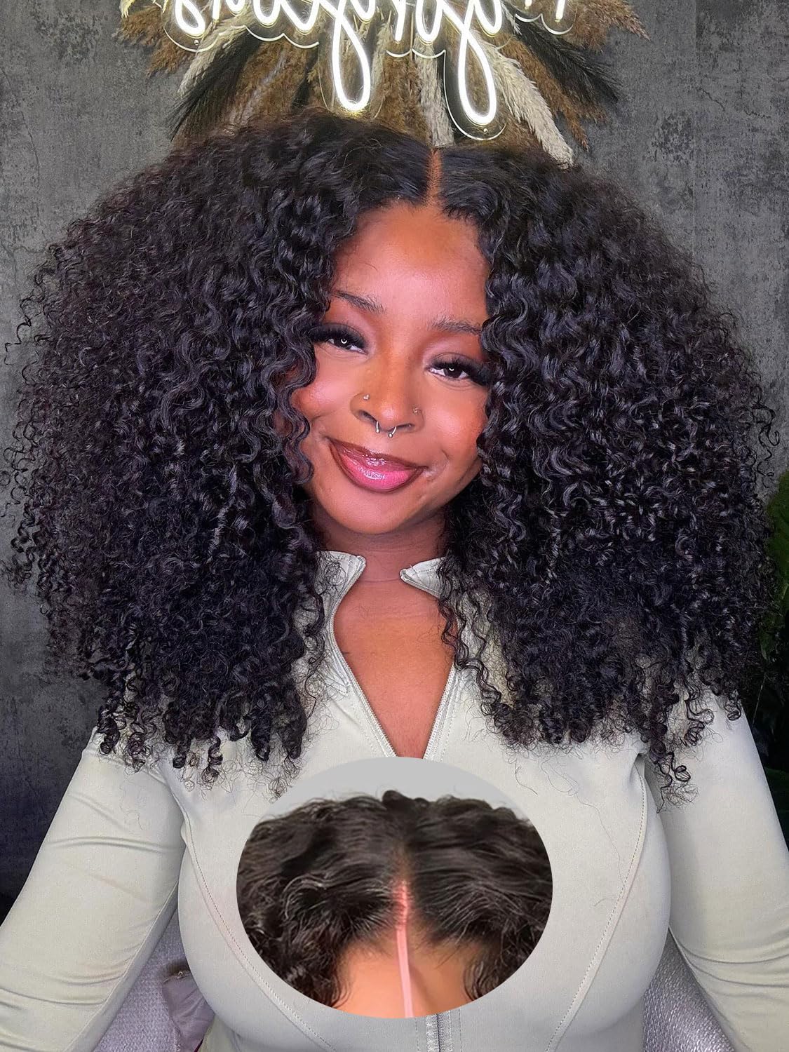 ORIGINAL QUEEN Afro Kinky Curly Wig Wear and Go Glueless Wig Human Hair Pre Cut Pre Plucked 5X7 Large Lace Front Wigs Human Hair for Women 3D Dome Cap