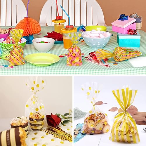 Miniatura 5 de JANMIN Paquete de 120 bolsas de celofán, bolsas de dulces doradas y blancas, bolsas de regalo, bolsas de regalo con lazos giratorios para regalo de