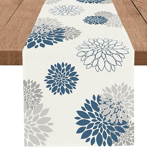 Miniatura 1 de Camino de mesa azul y gris con flores de dalia pinnata beige, moderno, elegante, pompones, decoración geométrica de centro de mesa para el hogar,