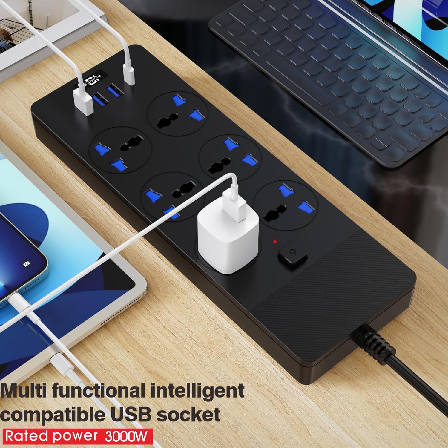 Universal Power Strip with USB and Type C, 6 Outlet, 3 USB and 1 USB C Ports Universal Extension Cord 110-250V, 3000W Surge Protected Extension Lead for Home Office Dorm