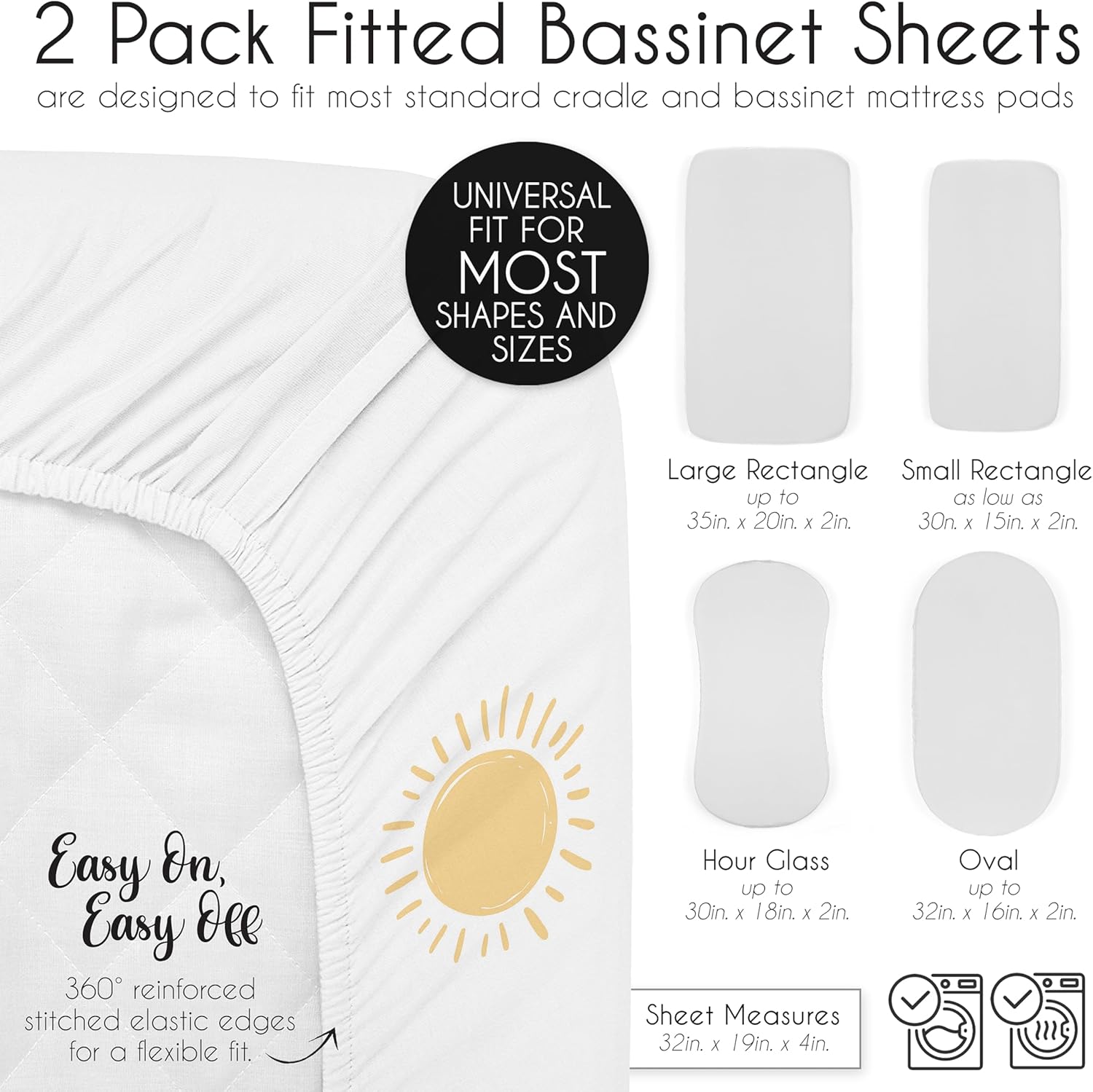 Sweet Jojo Designs 2-Piece Baby Bassinet Sheets Set (White and Yellow Boho Sun) for Girls or Boys, Infant Newborn Nursery, Oval, Rectangle & Hourglass Mattress (Solid Mustard & Celestial Sky, Desert)