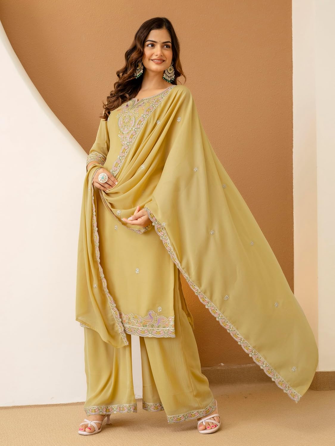 TRENDMALLS Women's Georgette Embroidery Sequence Work Kurta Palazzo Set with Dupatta Salwar Suit Set For Women