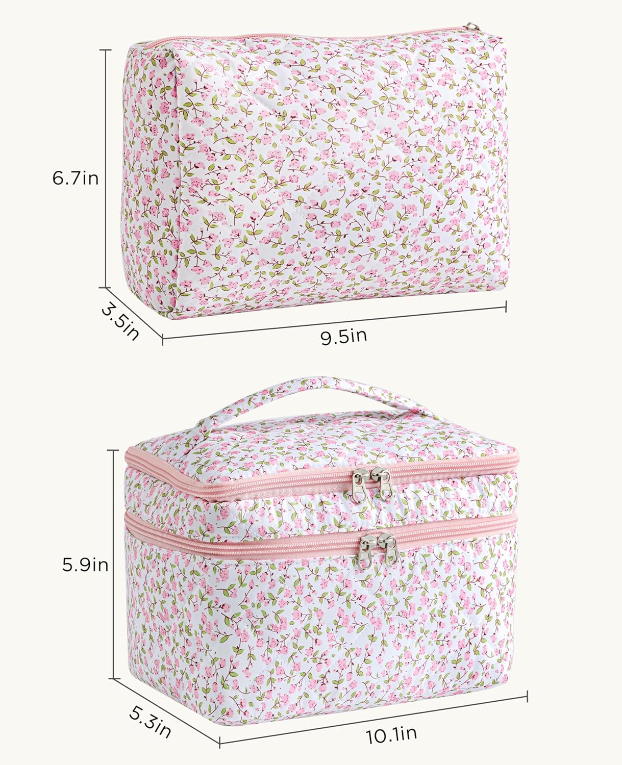 HBselect 2Pcs Travel Makeup Bag, Large Cotton Quilted Makeup Bag Cosmetic Bag Cute Make up Bag Toiletry Bags for Women Girls - Image 6