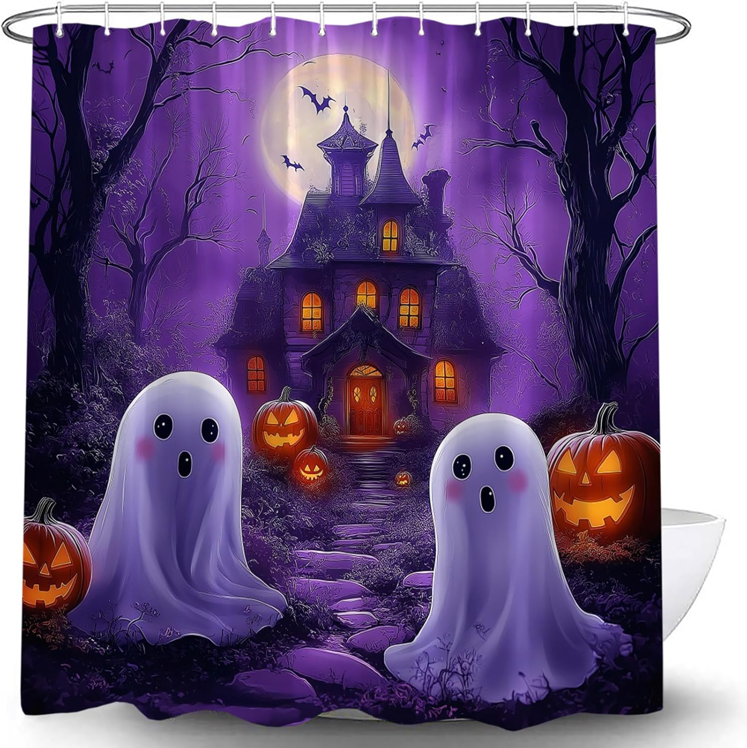 Purple Halloween Castle Shower Curtain Spooky Cute Ghost Pumpkins Horror Full Moon Haunted House Bats Happy Holiday Decor Bathroom Curtain Set with Hook