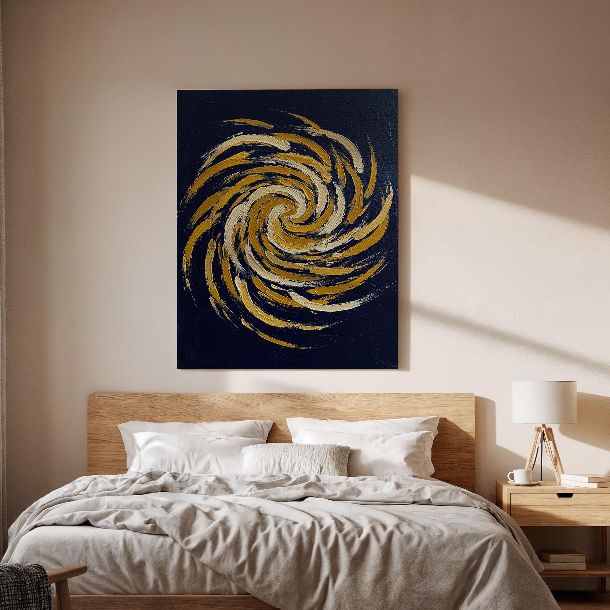 lianyibo Abstrakcyjna sztuka ścienna na płótnie, niebieski i złoty obraz spiralny, nowoczesna grafika geometryczna, do dekoracji salonu (60 x 90 cm / rama wewnętrzna)