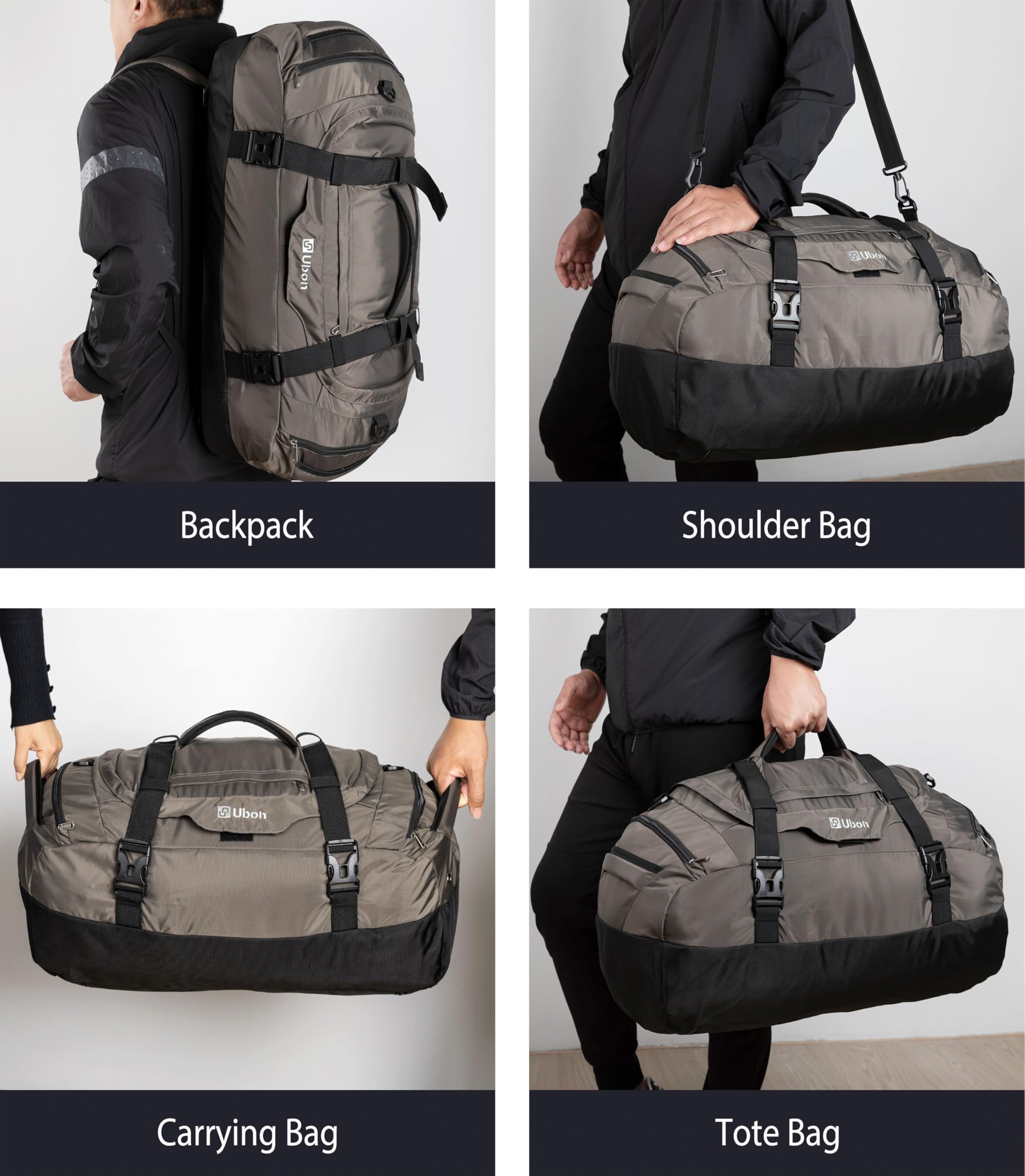 Ubon Borsone da Viaggio Grande Borse con Spazio per Laptop Vano Biancheria Ventilato Scomparto Scarpe Cinghie di Compressione Attrezzatura Escursionismo Campeggio Spiaggia Palestra Unisex Grigio 65L