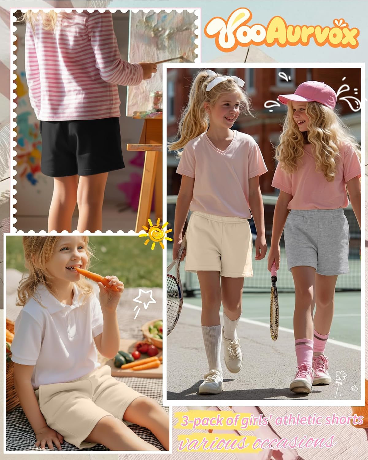 3 Pack Girls Shorts Kids Wide Leg Athletic Shorts Casual Summer Elastic Waist SweatShorts with Pockets 5-14 Years