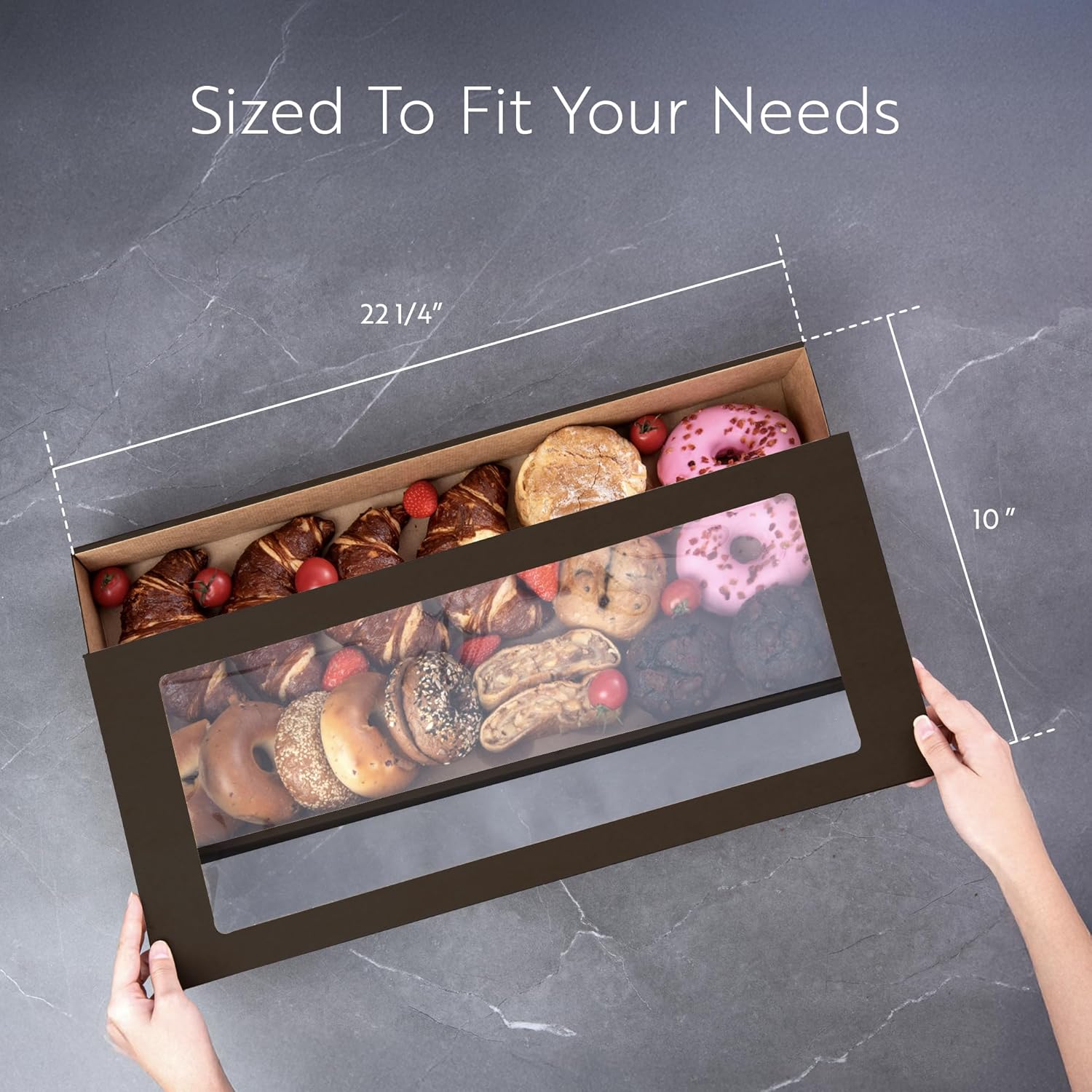 Restaurantware Cater Tek 22.2 x 10 x 3.2 Inch Baked Goods Boxes 100 Greaseproof Pastry Boxes - Window Lids Insert Tab Lock Black Paper Catering Boxes Easy Assembly For Charcuterie Or Cupcakes