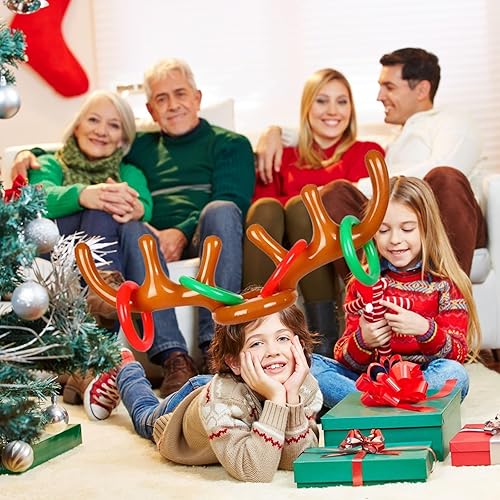 Miniatura 2 de Paquete de 4 juegos inflables de anillos de cornamenta, sombrero inflable de asta de reno con anillos para fiesta de Navidad, juego de lanzamiento