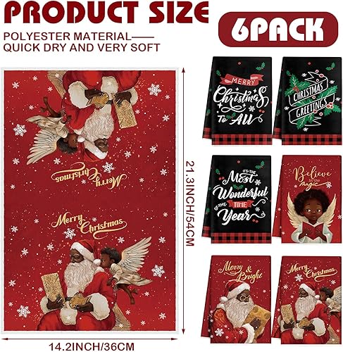 Miniatura 2 de Hosuly 6 paños de cocina de Navidad afroamericanos negros de Papá Noel, toallas de mano negras y rojas, toallas de cocina negras y rojas, paños de