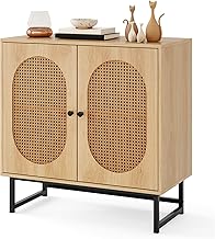 KOMFOTTEU Sideboard with 2 Rattan Doors, Buffet Sideboard with Adjustable Shelves & Tilt Protection, Wooden Chest of Drawers, Side Cabinet, Kitchen Cabinet for Kitchen, Living Room, Dining Room, 80 x 40 x 81.5 cm