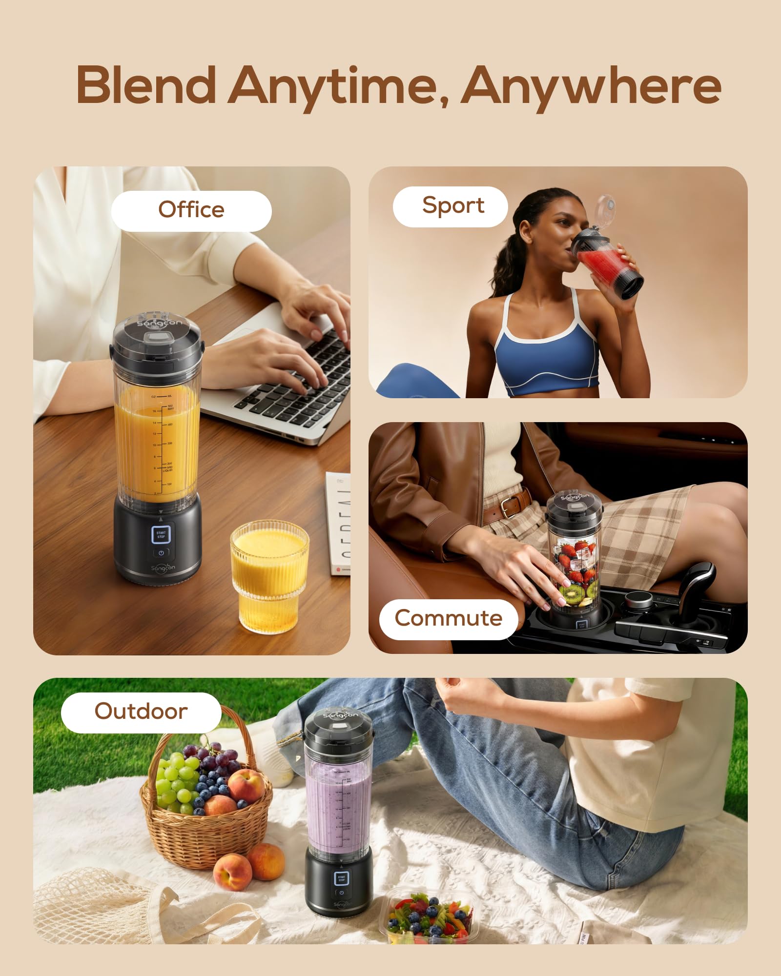 Sangcon Blender Portable 500ml, Mixeur Smoothie USB Rechargeable, Mini Blender pour Fitness, Bureau & Voyage, Blender Personnel 6 Lames & 2 Modes, Mixe Glace & Fruits Surgelés, Noir