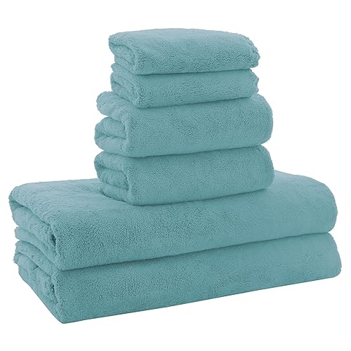 MOONQUEEN Ultra Soft Towel Set-Quick Drying - 2 Bath Towels 2 Hand Towels 2 Washcloths-Microfiber Coral Velvet Highly Absorbent Towel for Bath Fitness,Bathroom,Sports,Yoga, Travel(Teal, 6 Pcs) - Teal