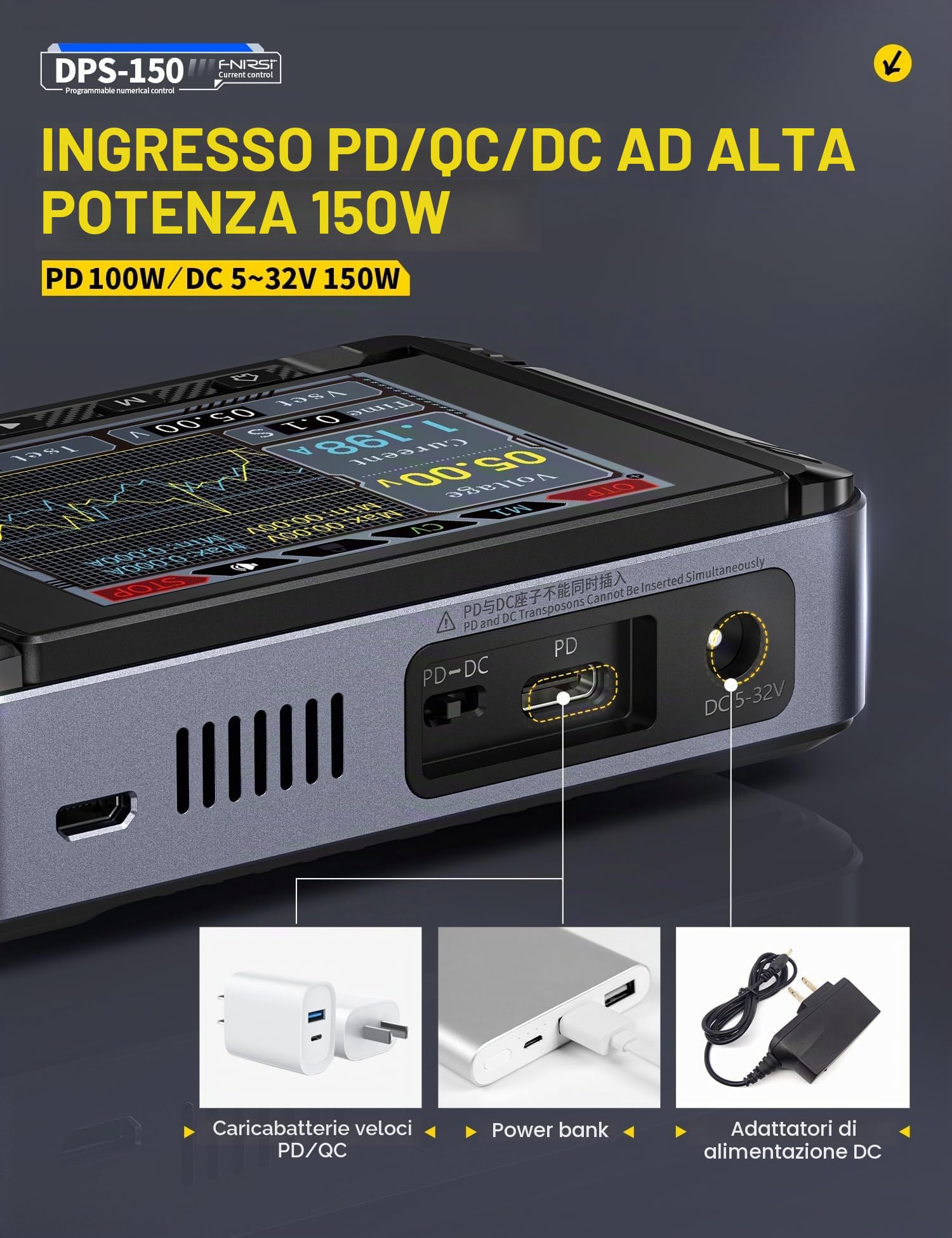 Alimentatore DC Variabile,DPS-150 Alimentatore CNC DC Regolabile da 30V 5A con Display IPS a 4 Cifre,Ondulazione di Potenza <20mV, Ingresso PD/QC/DC
