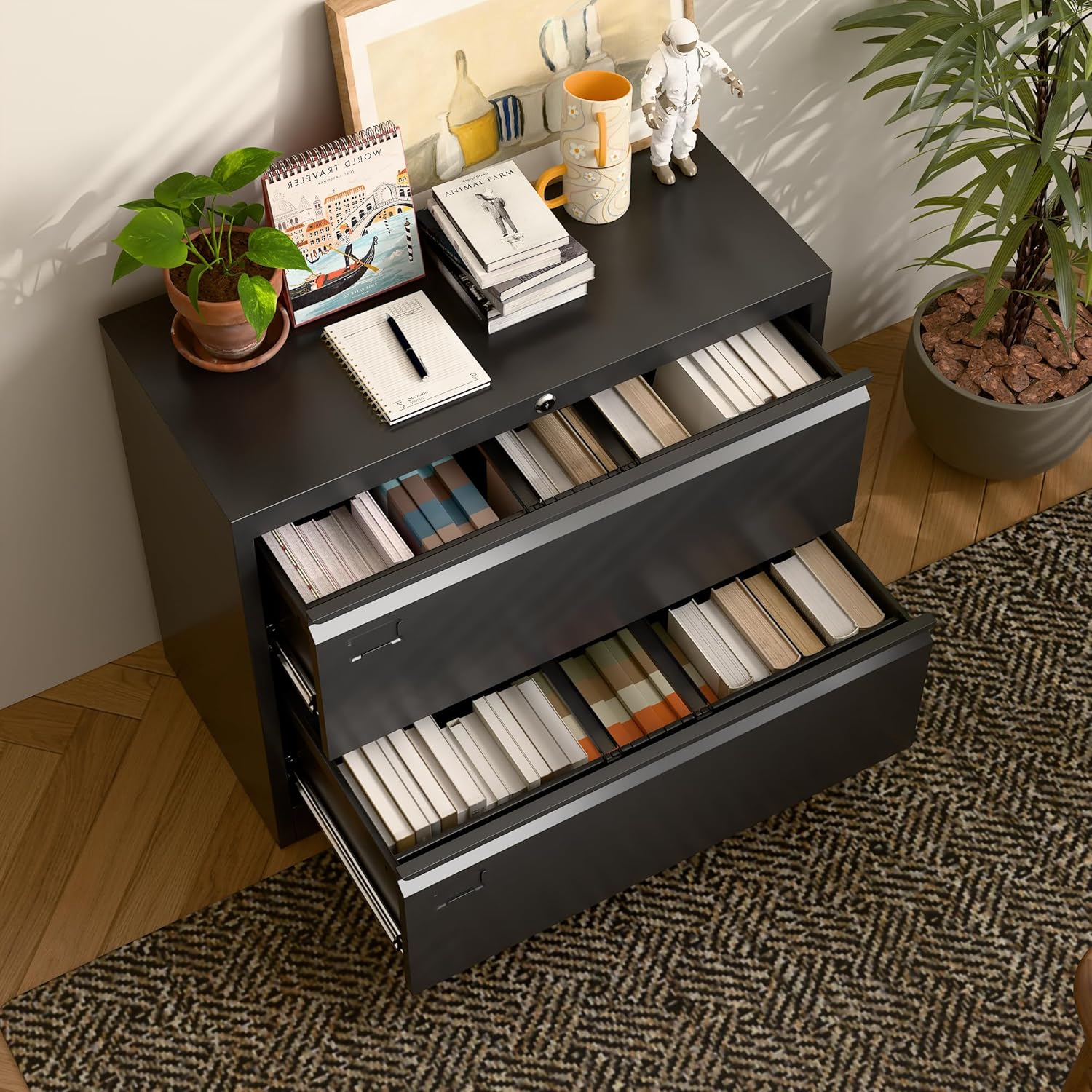 Pemberly Row 2-Drawer Steel Metal Lateral Locking Filing Cabinet, Black Finish, 29.53" H x 34.5" W x 15.75" D, Adjustable File Bars, Anti-Tilt Mechanism, Full-Extension Slides, Secure Office Storage