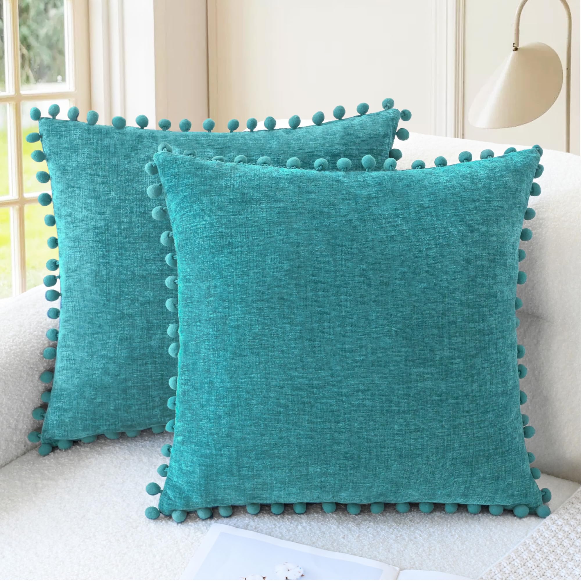 CaliTime Throw Pillow Cases Pack of 2 Cozy Solid Dyed Soft Chenille Cushion Covers with Pom Poms for Couch Sofa Home Decoration 50cm x 50cm Lake Blue โ image 1