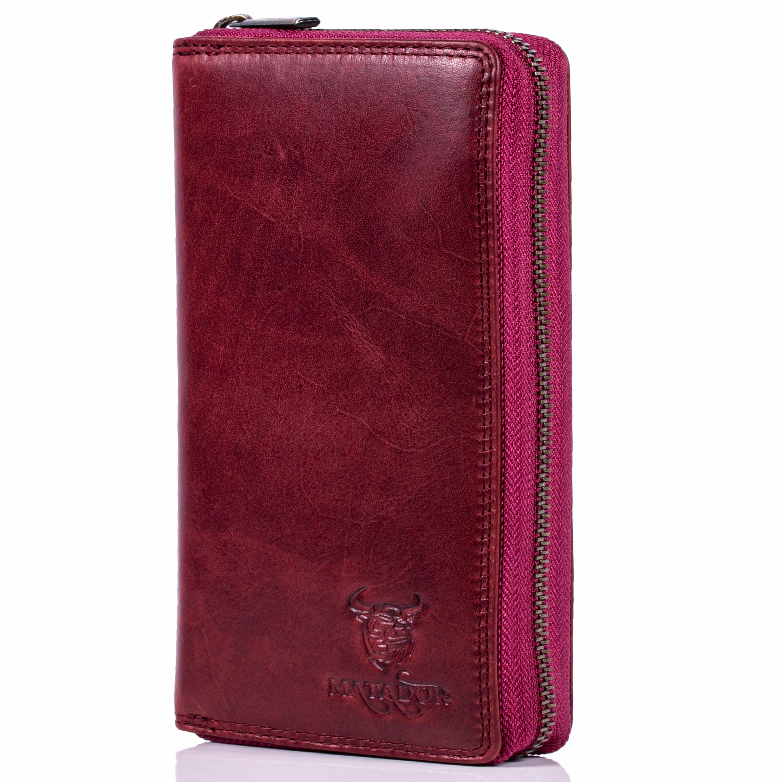MATADOR Portefeuille en Cuir véritable pour Femme Compartiment Unique pour Cartes de crédit et Fermeture éclair en métal | Porte Monnaie avec Protection RFID certifiée TÜV et boîte Cadeau | Rose