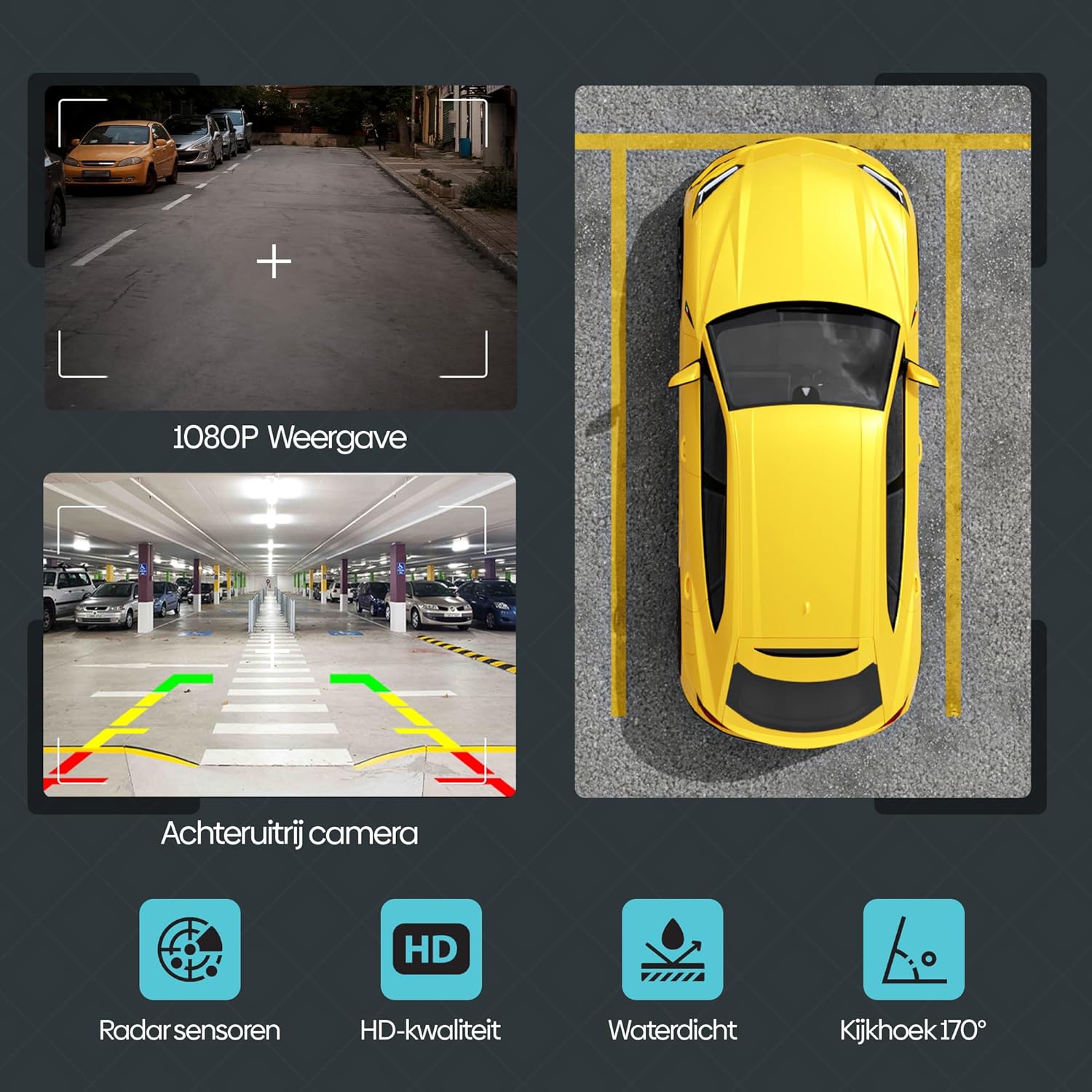 1080P rear view camera display with parking lines and radar sensors, showing HD quality, waterproof design, and 170-degree viewing amba