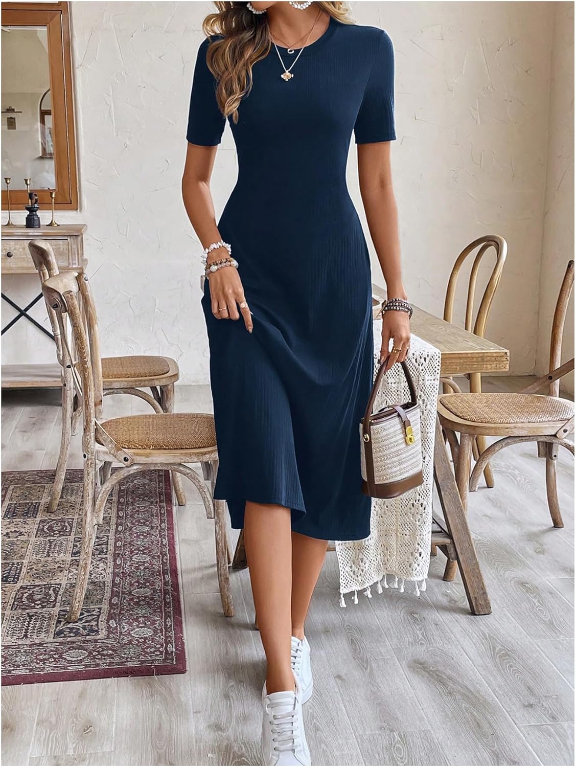 OYOANGLE Women's Short Sleeve Crewneck Midi Dress Ribbed Knit Long Dresses with Pockets - Image 5