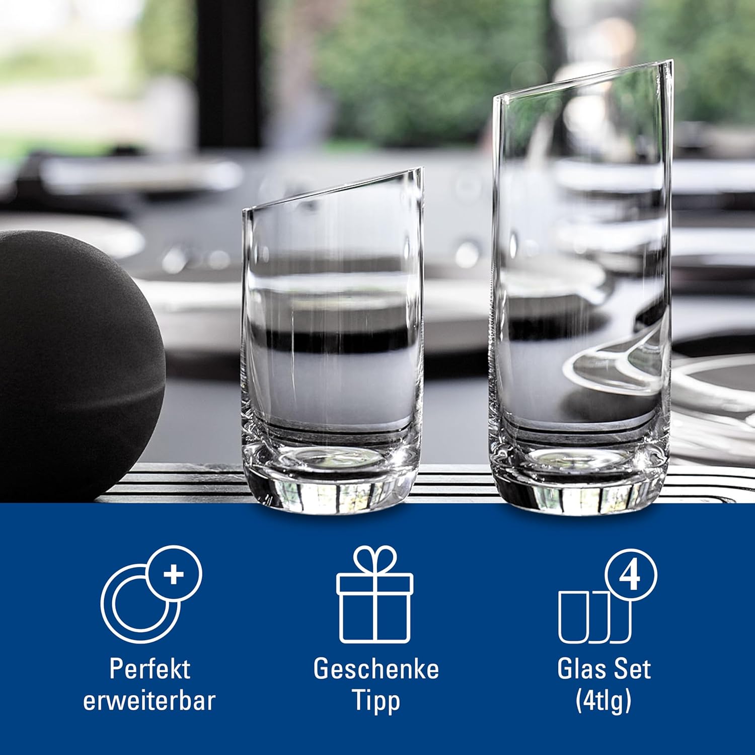 Villeroy & Boch NewMoon Collection Tumbler Set, 4 Pieces, Elegant, Modern Sloping Design, 6.75 oz Capacity, Crystal Glass, Transparent, Dishwasher Safe