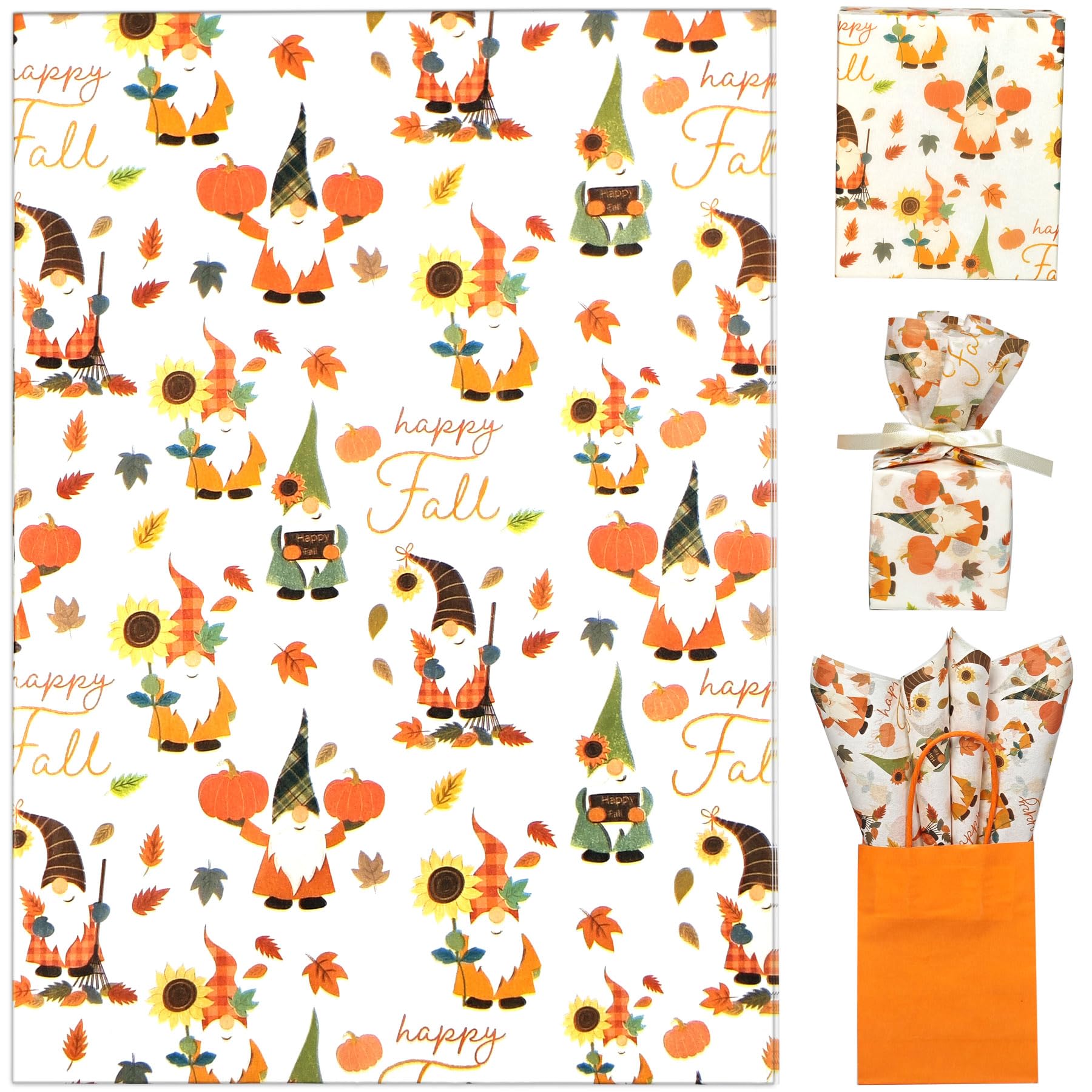 LIAPAWPAW Fall Tissue Paper Bulk, Orange Gift Tissue Paper for Gift Bags & Gifts Wrapping, Gnomes Pumpkin Leaves Print Art Packaging for Autumn Harvest Thanksgiving Party Decor Craft 30 Sheets 20x14in โ image 1