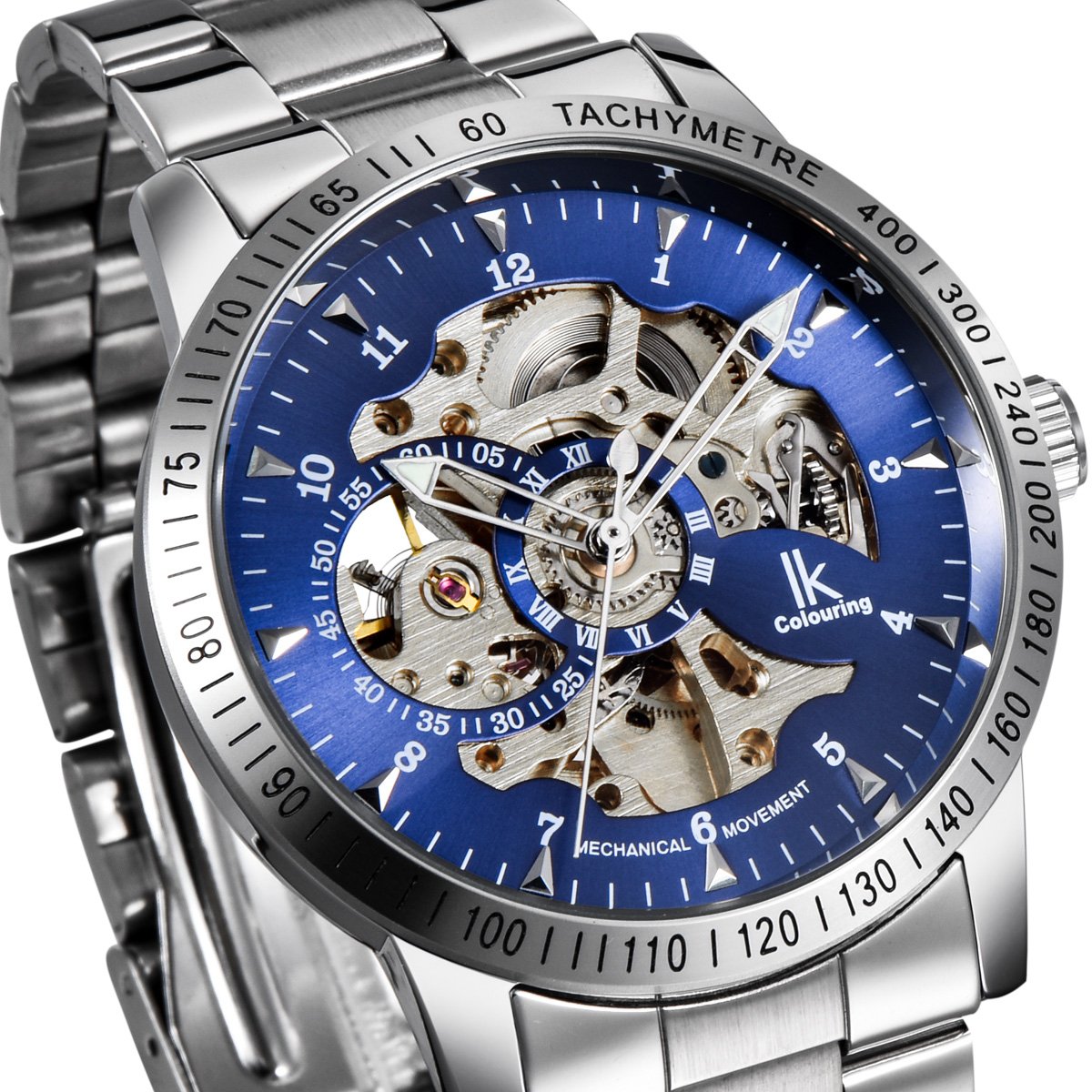 Alienwork IK Reloj Automático Hombre Mujer Plateado Pulsera de Metal Acero Azul Esqueleto