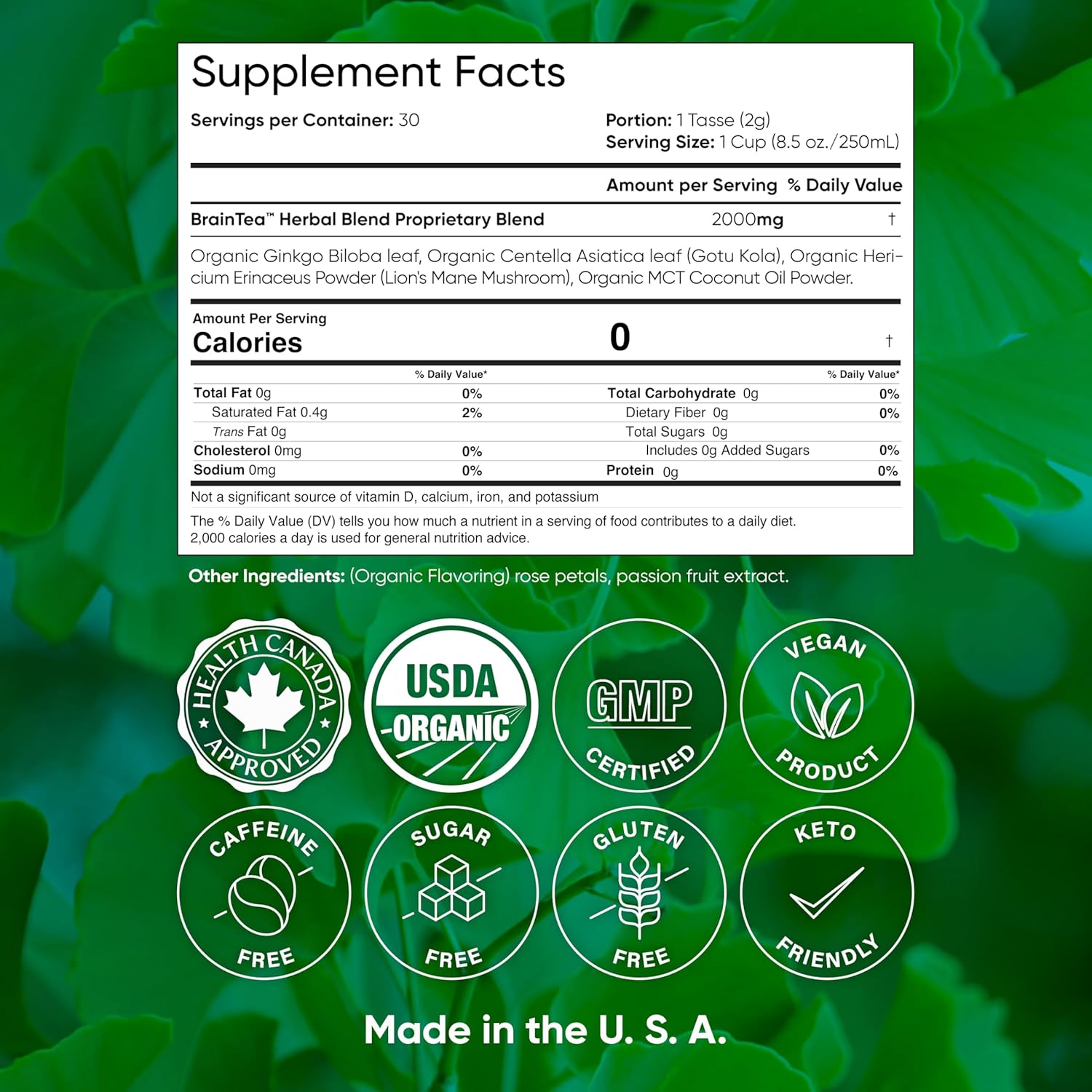 Brain Tea Focus & Memory - Brain Tea Organic Certified 4-in-1 Nootropic Herbal Supplement with Ginkgo Biloba, Gotu Kola, Lion’s Mane Mushroom, MCT Caffeine-Free for Mental Clarity (30 Sachets)