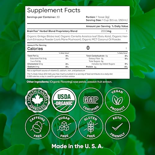 Miniatura 7 de Brain Tea Focus & Memory Suplemento herbario nootrópico 4 en 1 certificado orgánico con ginkgo biloba, gotu kola, hongo melena de león, sin cafeína