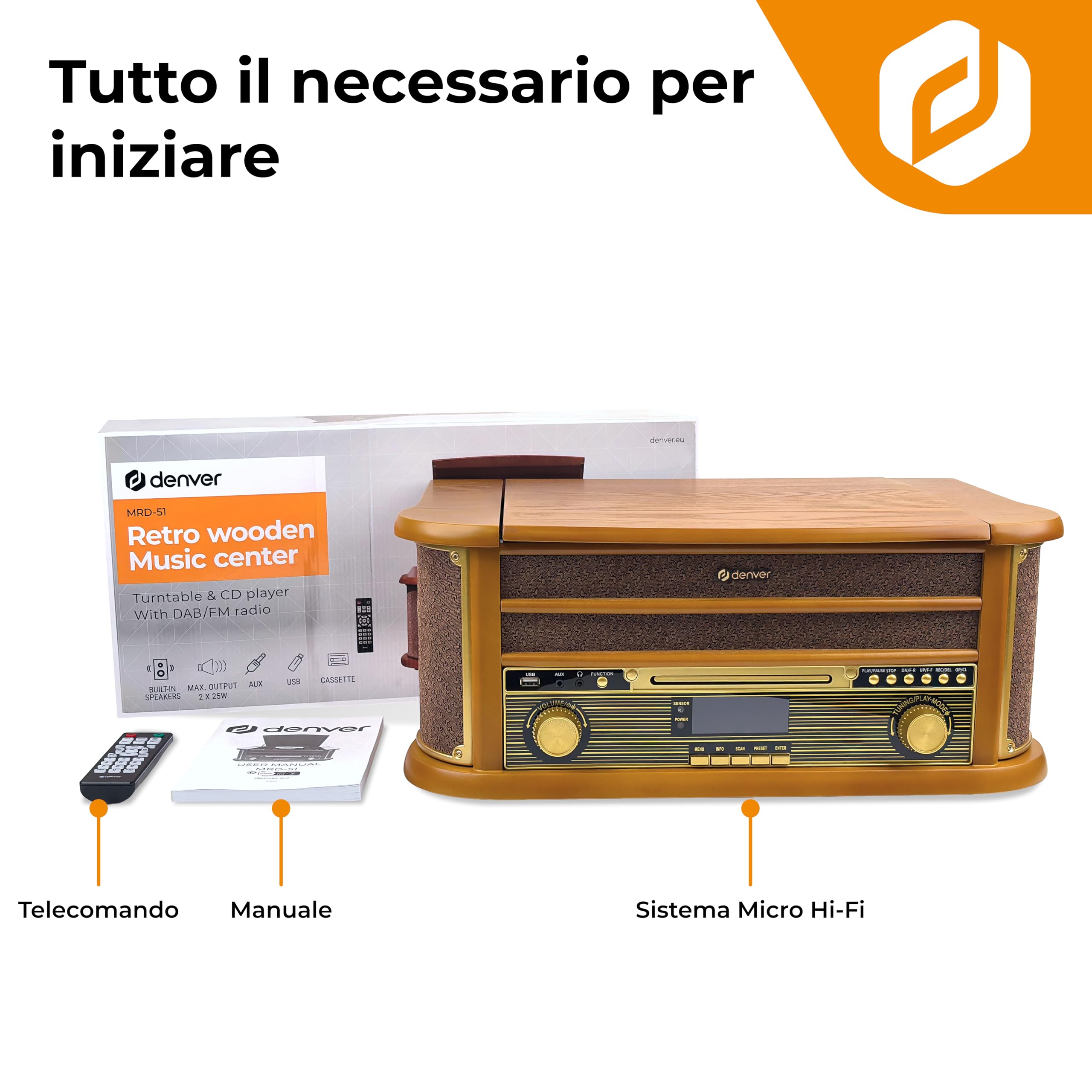 Denver MRD-51 Giradischi Vinili Vintage in Legno con Radio DAB+, Lettore Vinile, CD, Cassetta, USB per MP3, Giradischi e AUX – Giradischi con Casse Integrate Retrò