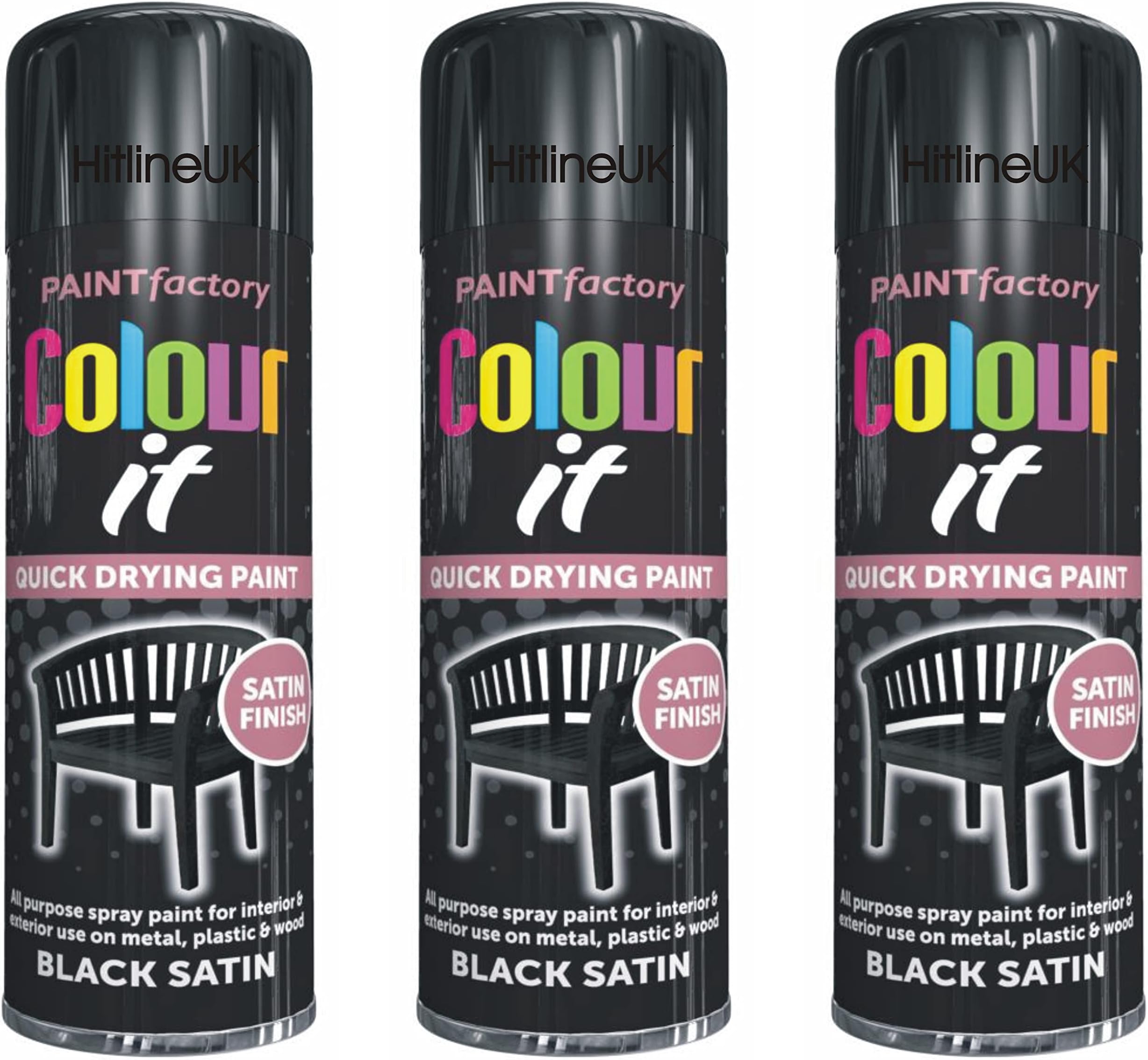 3 x SATIN BLACK PAINT AEROSOL COLOUR IT SPRAY CAN QUICK DRYING DIY PLASTIC METAL WOOD 250ML