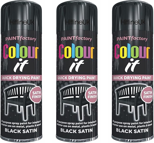 HitlineUK 3 x SATIN BLACK PAINT AEROSOL COLOUR IT SPRAY CAN QUICK DRYING DIY PLASTIC METAL WOOD 250ML