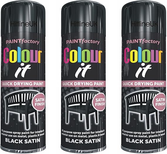 HitlineUK 3 x SATIN BLACK PAINT AEROSOL COLOUR IT SPRAY CAN QUICK