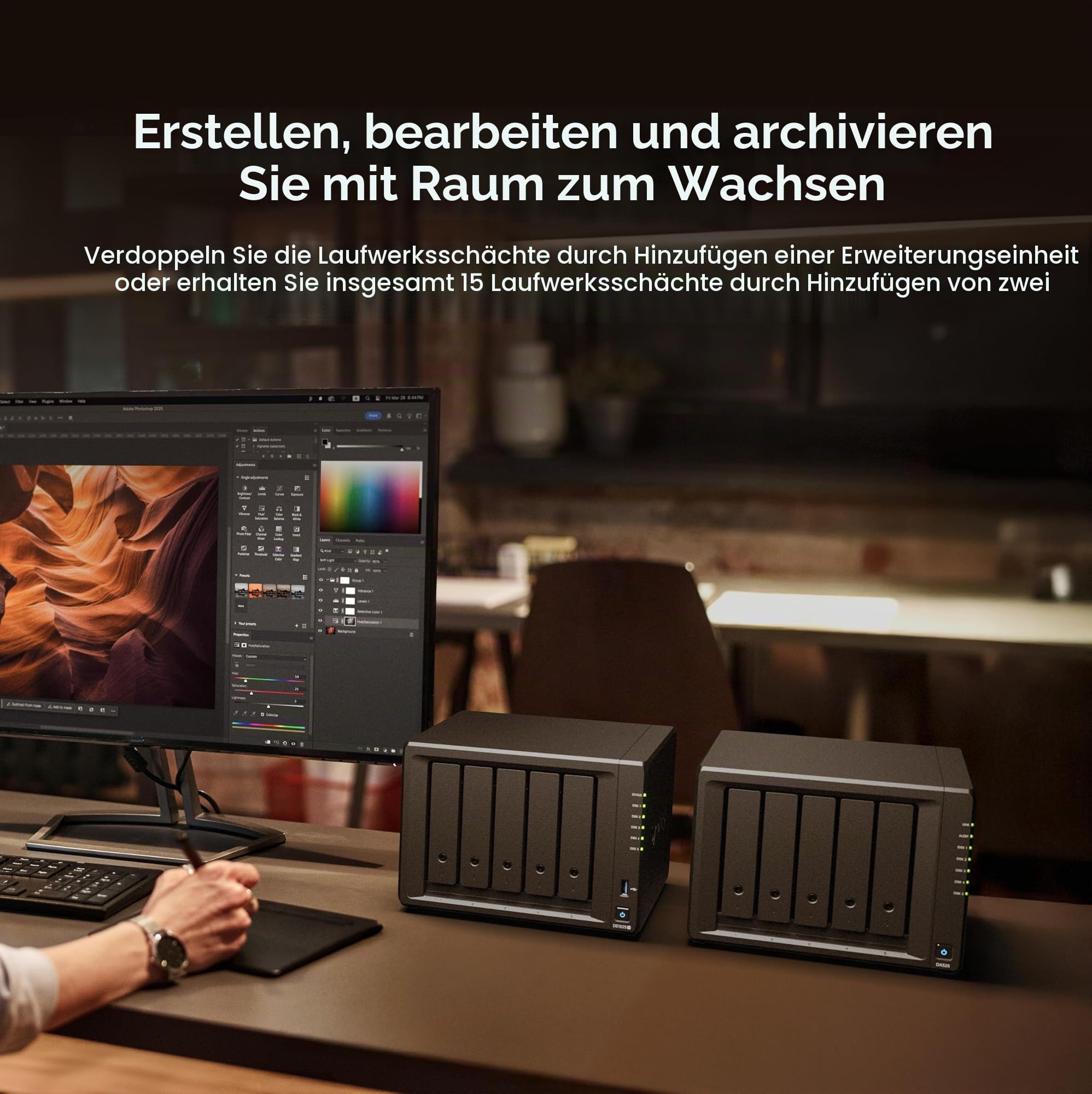Synology Erweiterbares NAS-Kit mit 5 Schächten, DS1525+ AMD RyzenCPU mit 8 GB Speicher, 2,5 GbE Standardbenutzer, inländischer autorisierter Händler, Field Lake, Telefonunterstützung, DiskStation