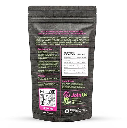 Miniatura 2 de Shroom Riot - Supermezcla de hongos de cacao Bebida instantánea de chocolate en polvo con melena de león, chaga, reishi y cordyceps 10.58 oz (10.5