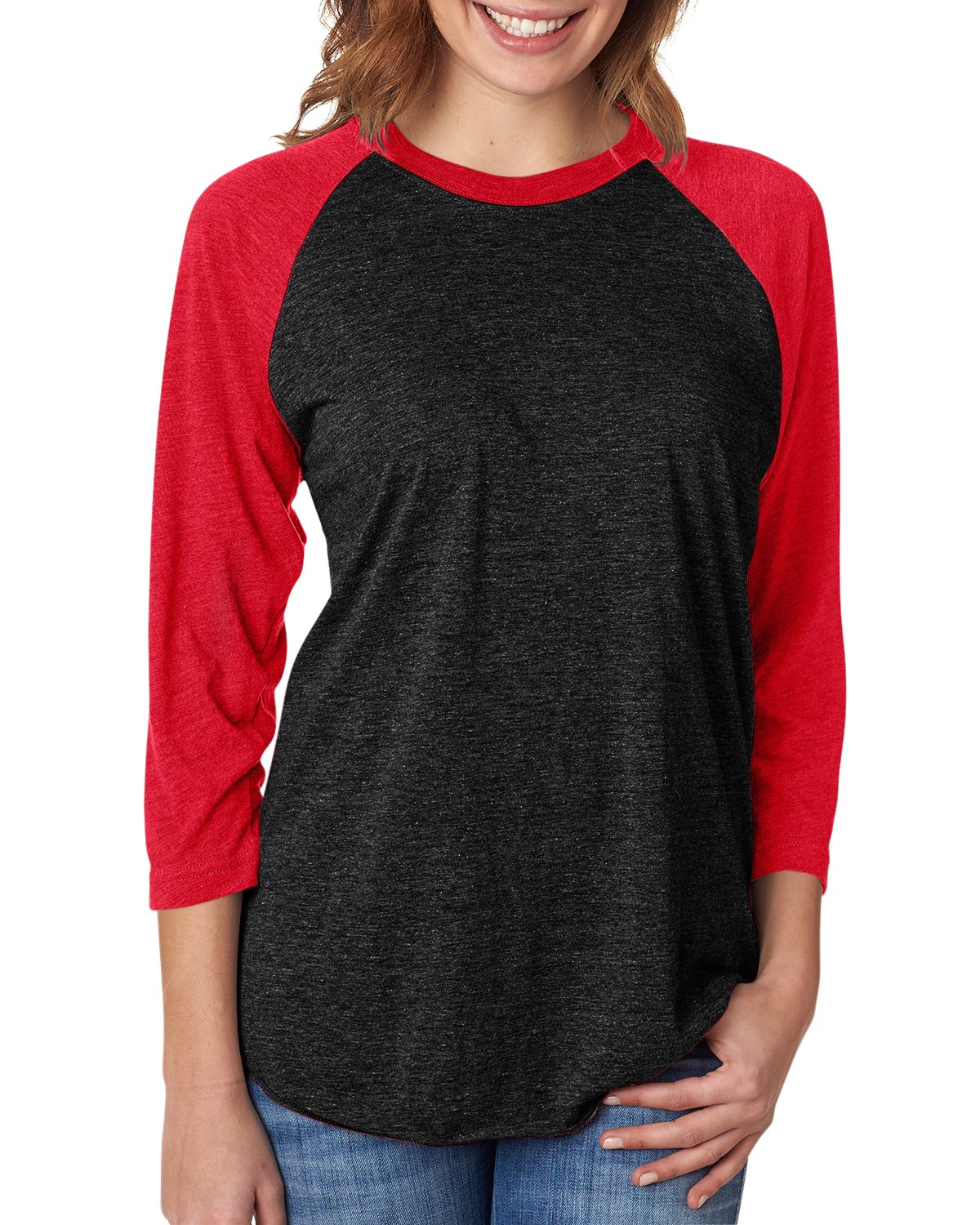6051 Unisex Tri-Blend 3 by 4 Sleeve Raglan - Vintage Black & Red, X-Large
