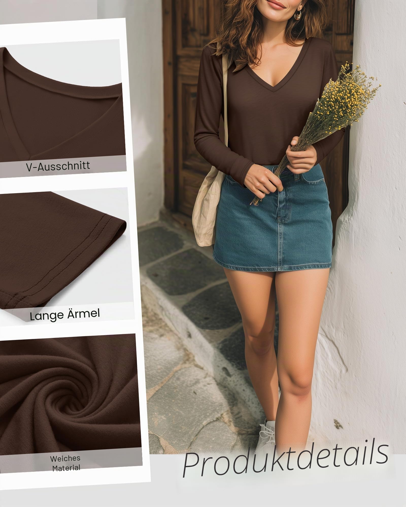 Neer 4er-Pack Damen-T-Shirts mit V-Ausschnitt, Langen Ärmeln, Lässige Oberteile, Lockere Passform, Basic Gerader Saum Tees