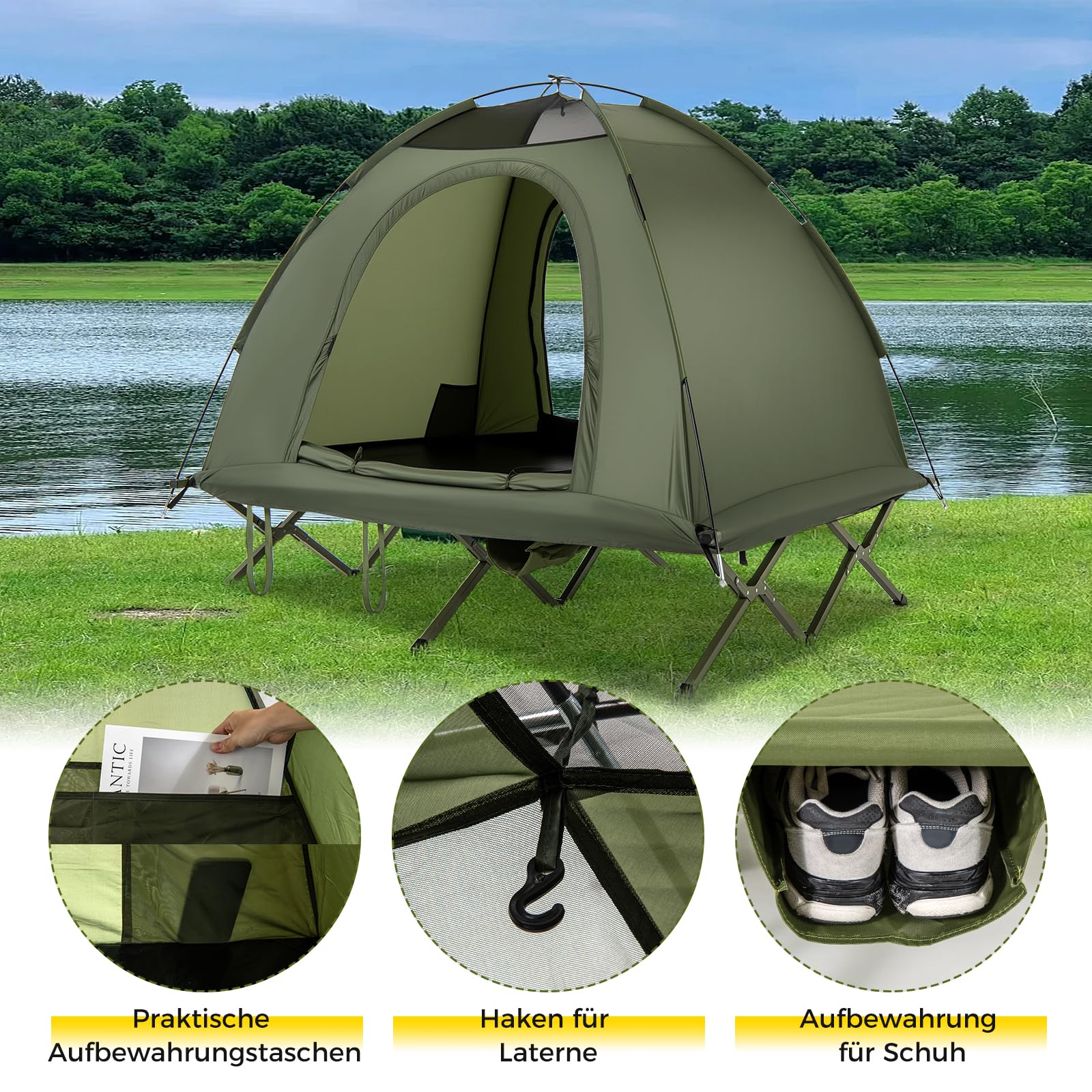 COSTWAY Feldbett mit Zelt für 2 Personen, Campingbett mit Regenschutz, 2 Netztüren, Dachfenster & Rolltasche, Campingliege, 300 kg Tragkraft, 194 x 145 x 150 cm