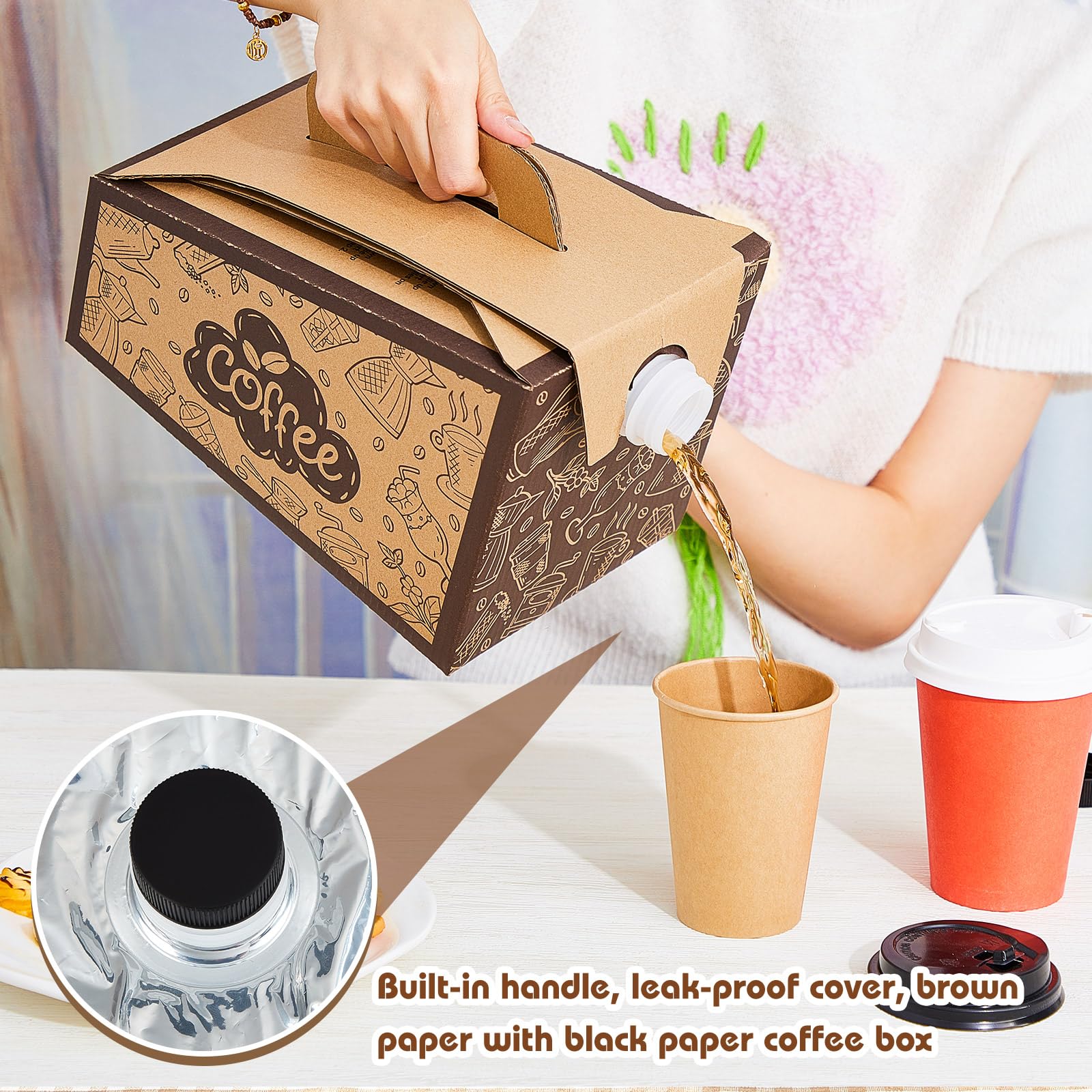 Juego de 20 recipientes de café desechables, dispensador de café de 2,721.6 g, cartón aislado, para bebidas calientes y frías, a granel, jarra con asa, cajas portátiles para llevar café para