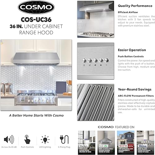 Miniatura 4 de COSMO UC36 36 in. Campana extractora con conducto debajo del gabinete, ventilación sobre la estufa, ventilador de 3 velocidades, filtros