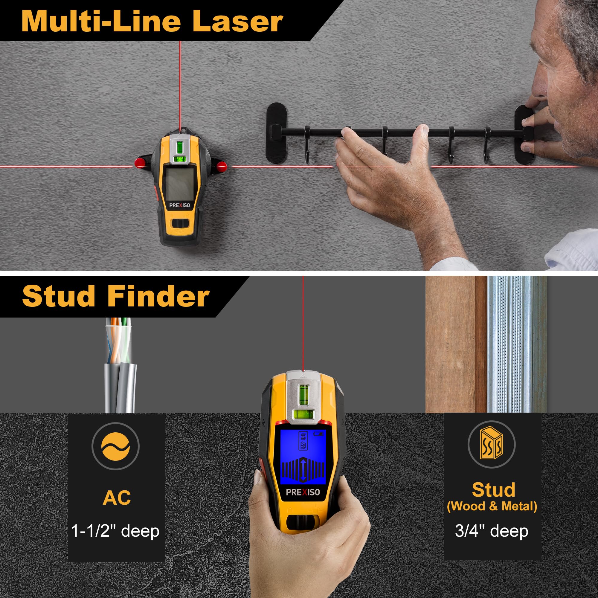 Condition photo showing New/Like New for prexiso 2-in-1 stud finder with laser level, rechargeable multi surface cross line laser & wall stud scanners tool for hanging frames & picture, wood ac wire metal studs joist pipe detection