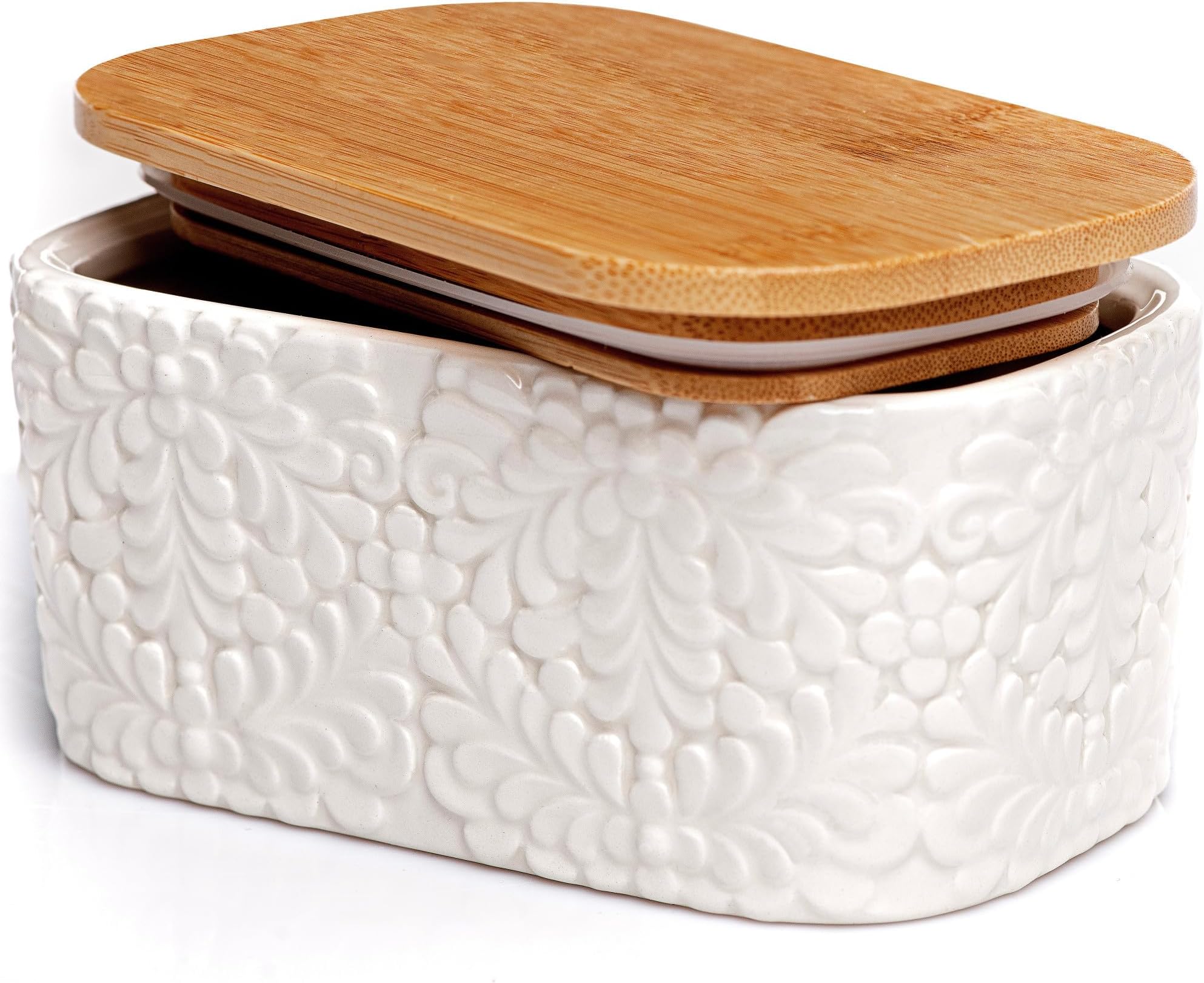 Amazon.com | Airtight Bamboo Lid Butter Keeper - Ceramic White Butter ...