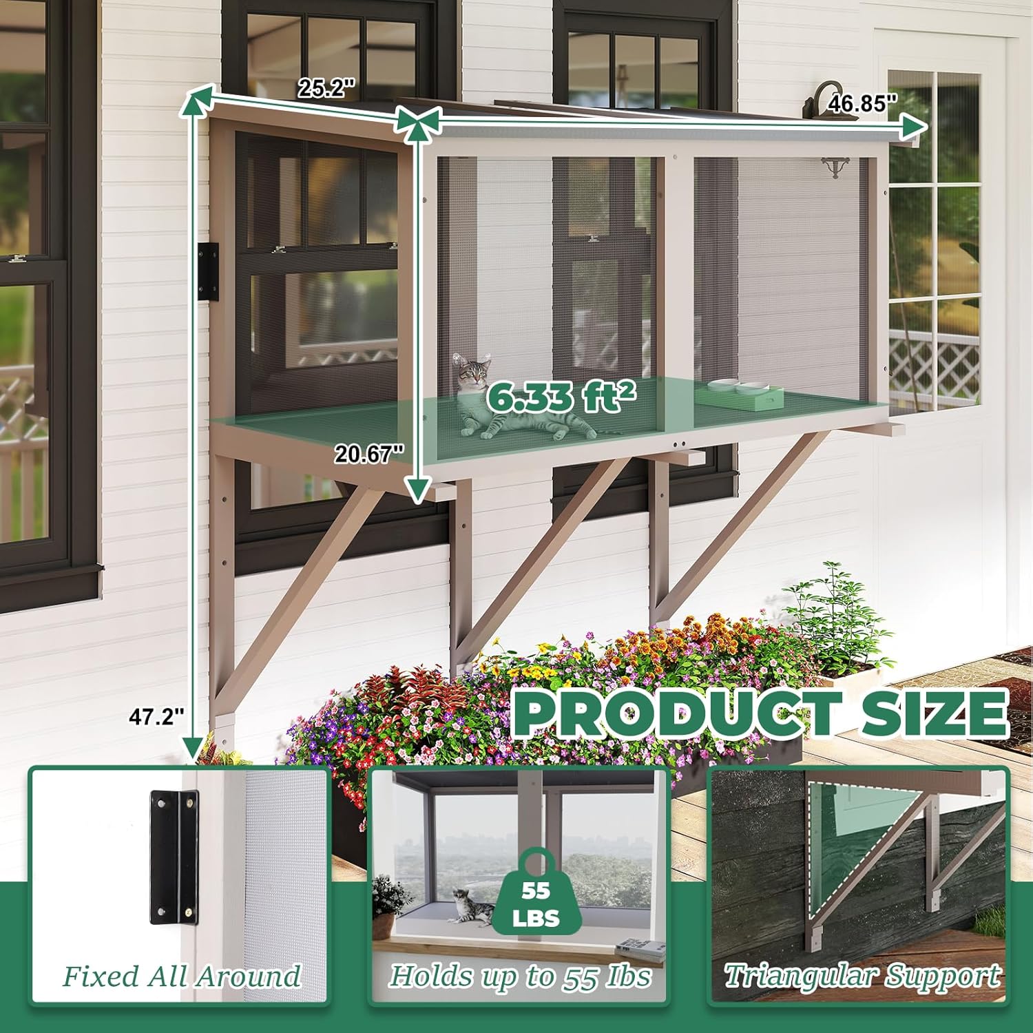 Catio Cat Window Box, Wooden Cat Catio for Indoor Cats, Window Enclosure for Sunbathing, Napping, Overlooking, Keeps Insects Out