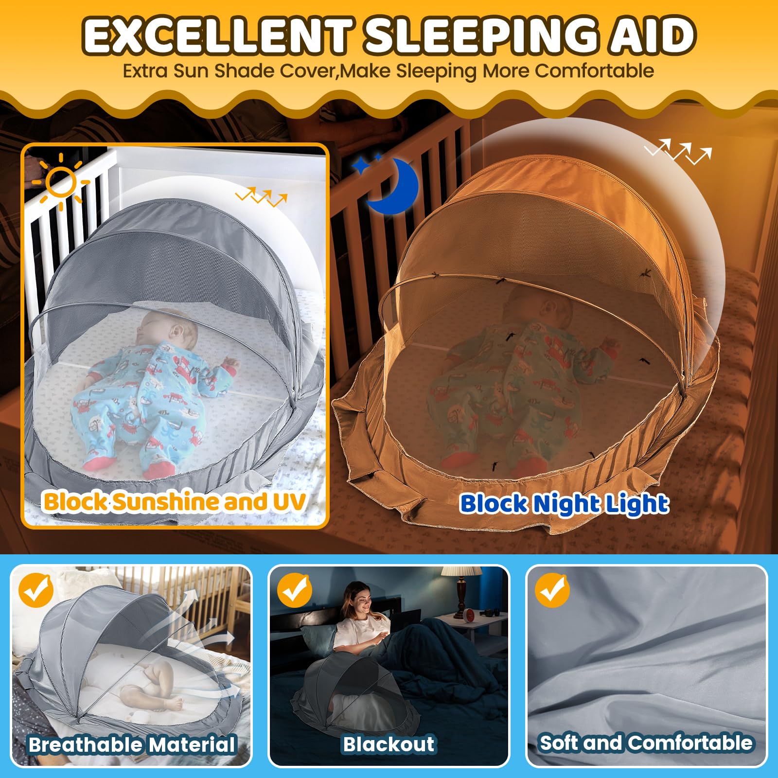 Orzbow Foldable Baby Mosquito Net, Breathable Baby Bed Mosquito Nets with Shade Cover, No Assembly Required - Image 2