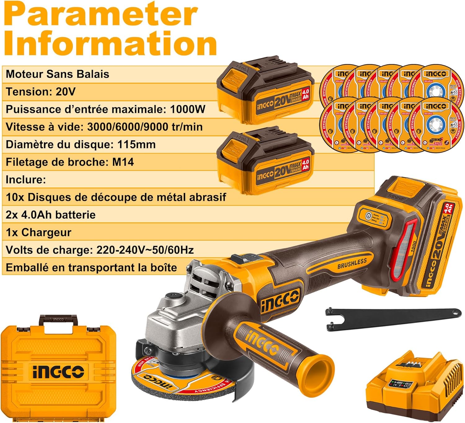 Parameter information for the INGCO angle grinder, listing brushless motor, 20V voltage, 1000W power, 3000/6000/9000 rpm no-load speed, 115mm disc diameter, M14 spindle thread, and included items.