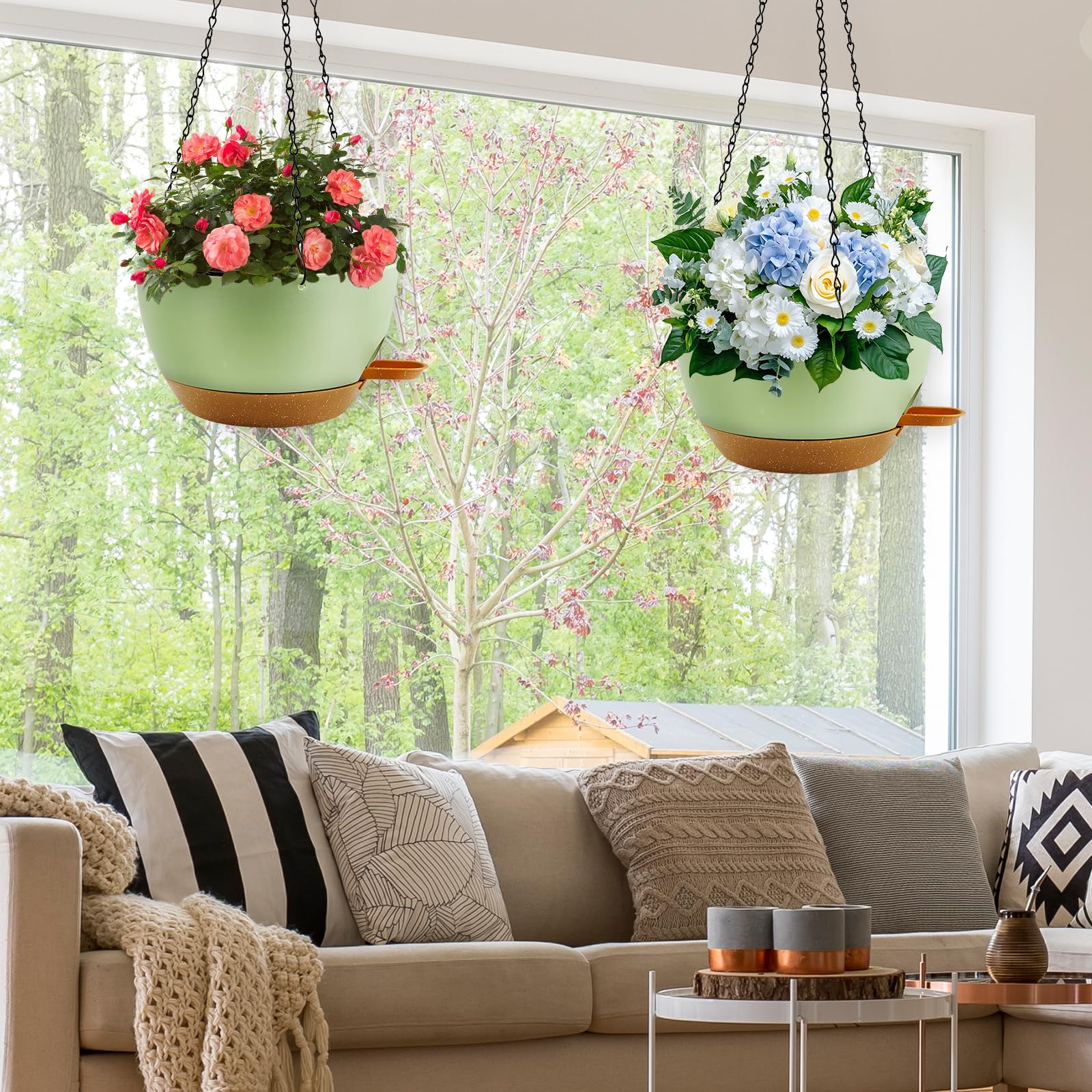 Lot de 2 pots de fleurs suspendus pour plantes d'intérieur, pots de fleurs à arrosage automatique avec chaîne et trous de drainage, paniers suspendus en plastique pour jardin et décoration d'intérieur