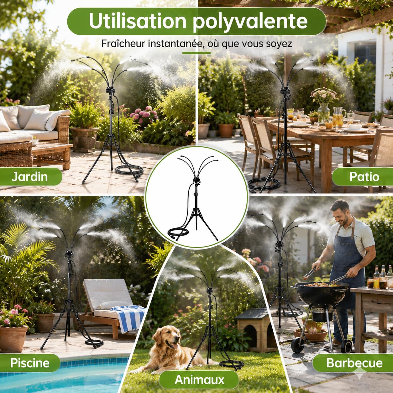 Brumisateur Terrasse sur Pied, Système de Brumisation Extérieur Réglable avec 4 Buses, Pulvérisateur d’Eau Portable pour Jardin, Patio, Piscine, Barbecue et Rafraîchissement d’Été (Noir)
