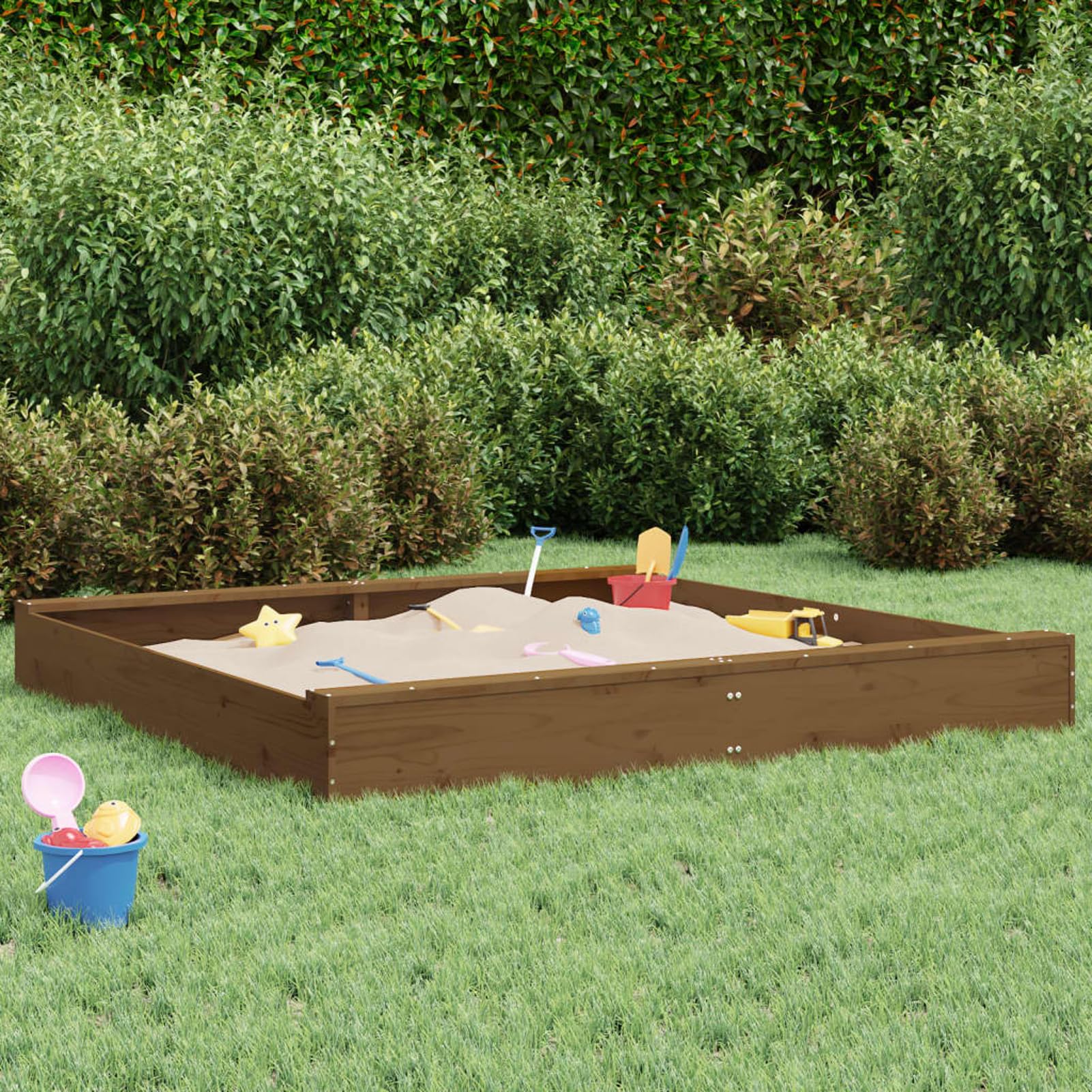 Homgoday Holz Sandkasten für Kinder 2-8 Jahre, 2 Sitze, Honigbraun, 160x160x20 cm, für draußen, Montage erforderlich Model825040